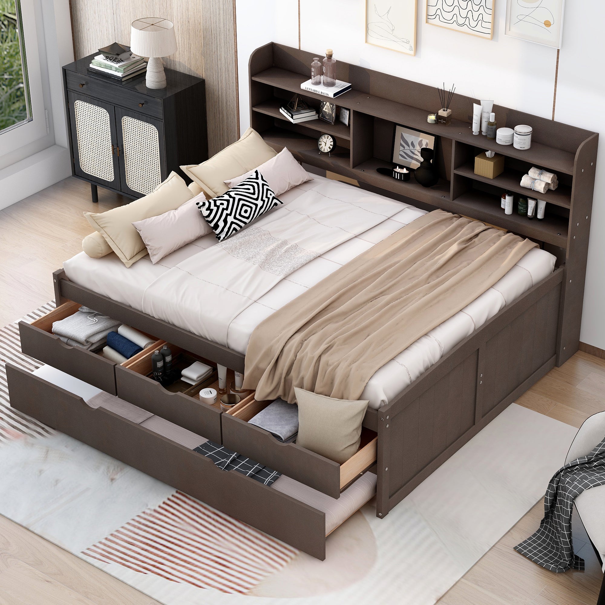 Full Size Wooden Captain Bed with Bookshelves, Drawers & Trundle - Brown
