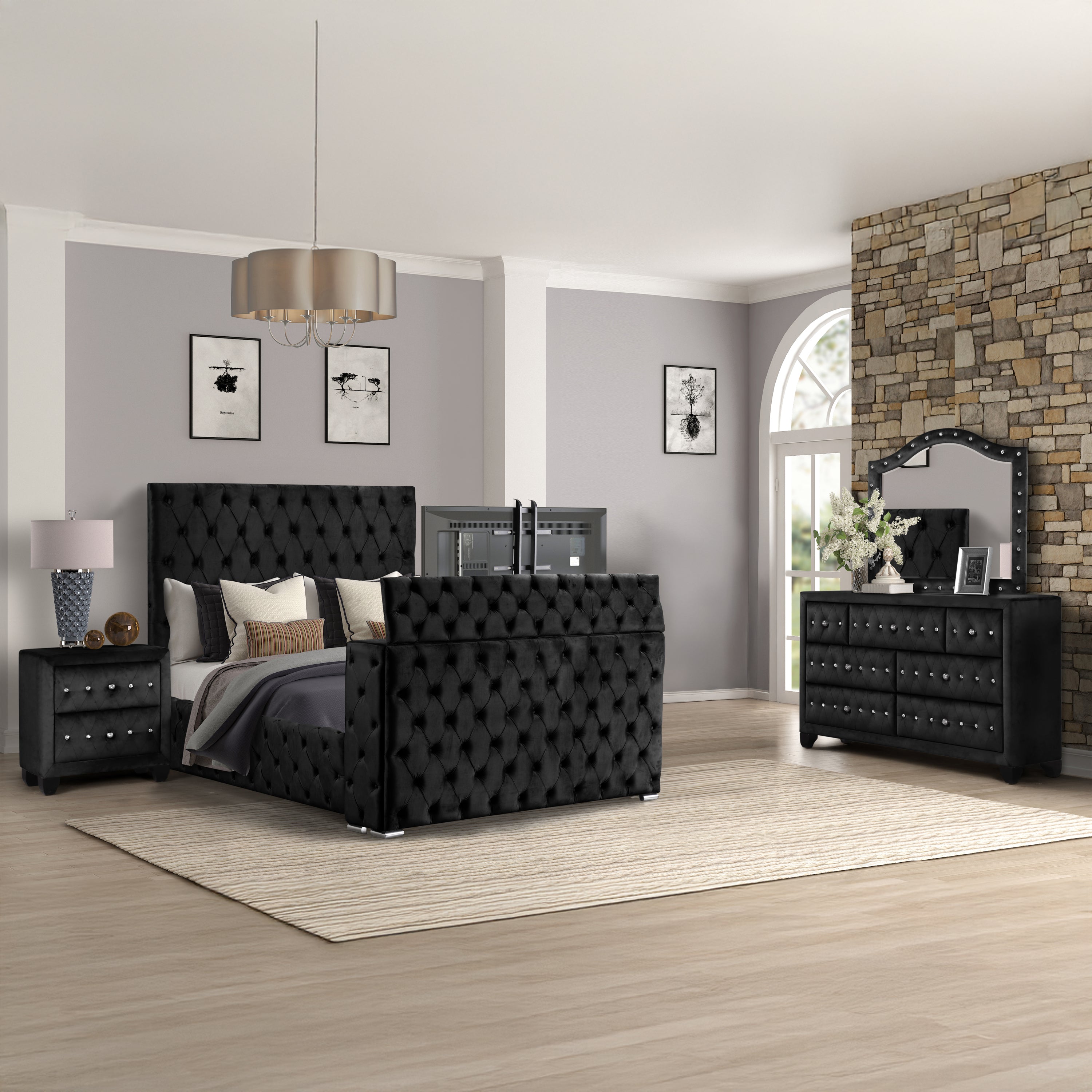 Encore Modern Tufted Upholstered King 4PC Bedroom Set Black (NJ)