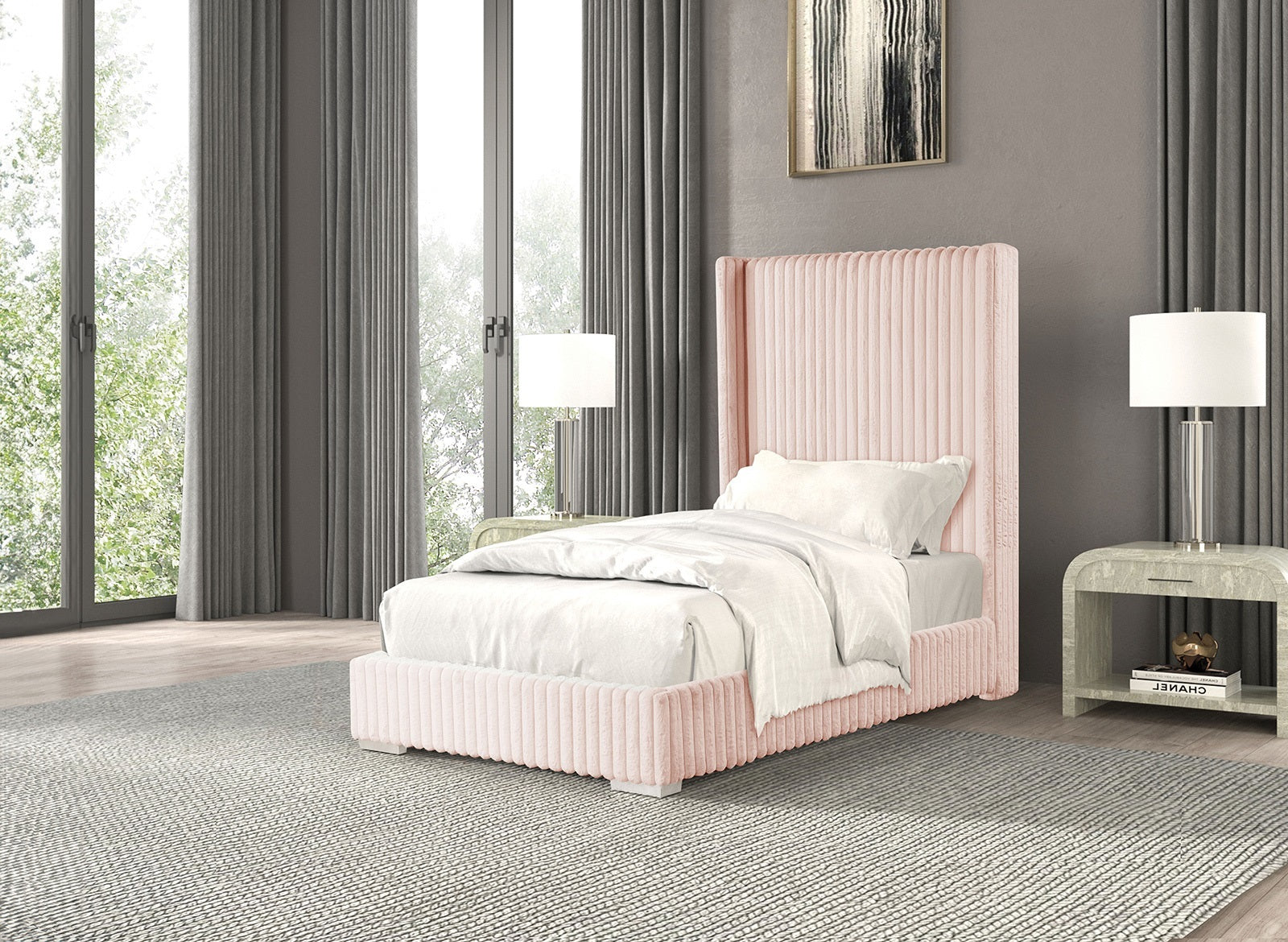 Contemporary Pink Twin Bed Frame - Fur Chenille Fabric, Mattress Ready