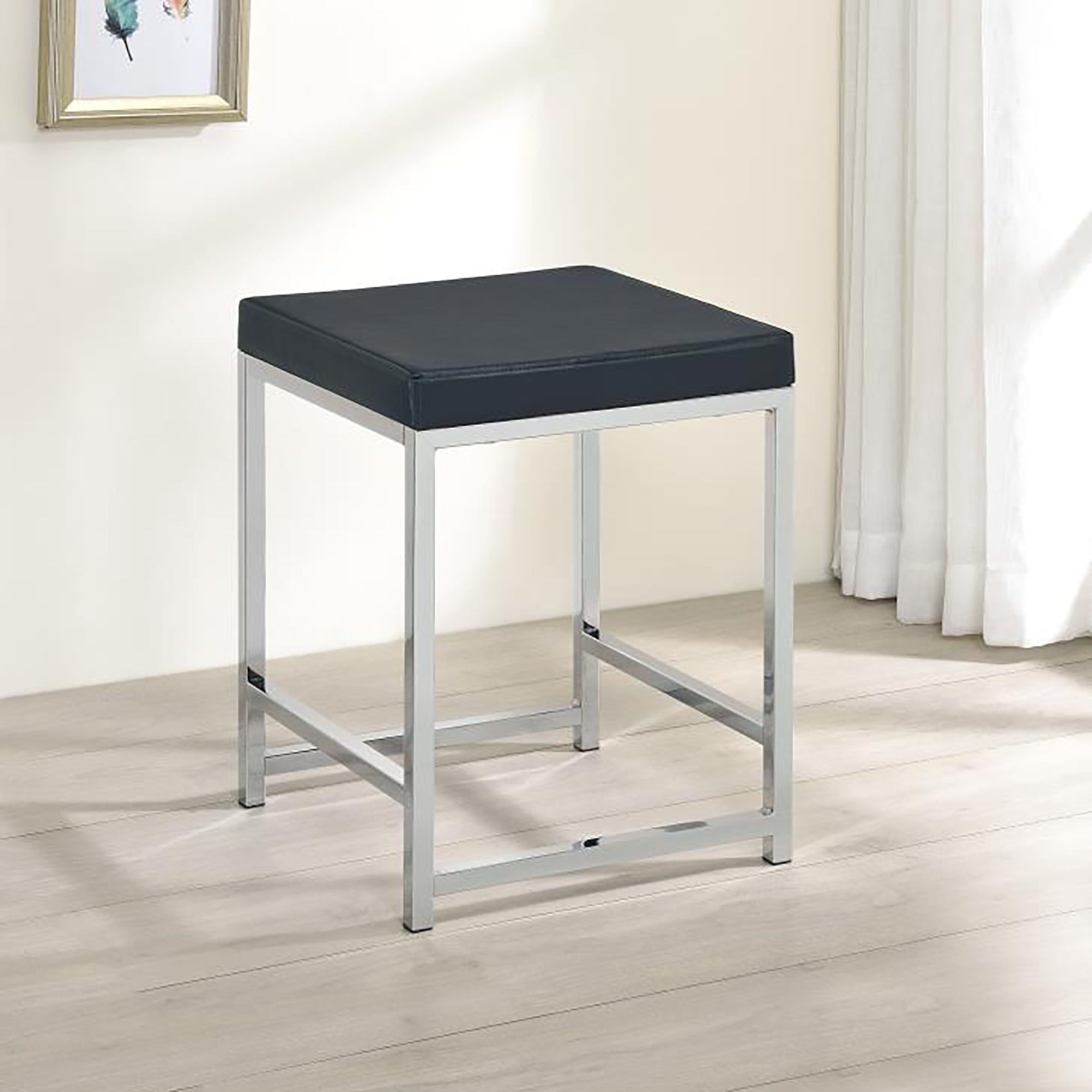 Dark Grey Upholstered Square Vanity Stool - Modern Design