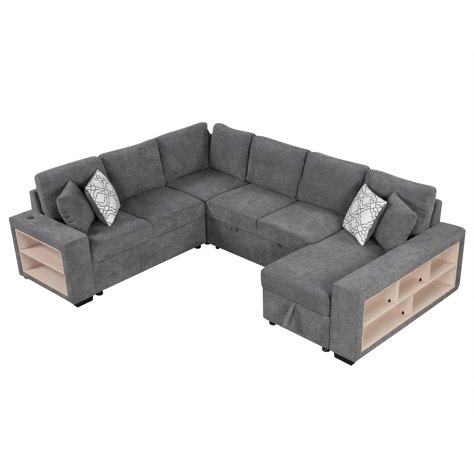 Modern Grey U-Shaped Sectional Sofa Bed with USB & Storage