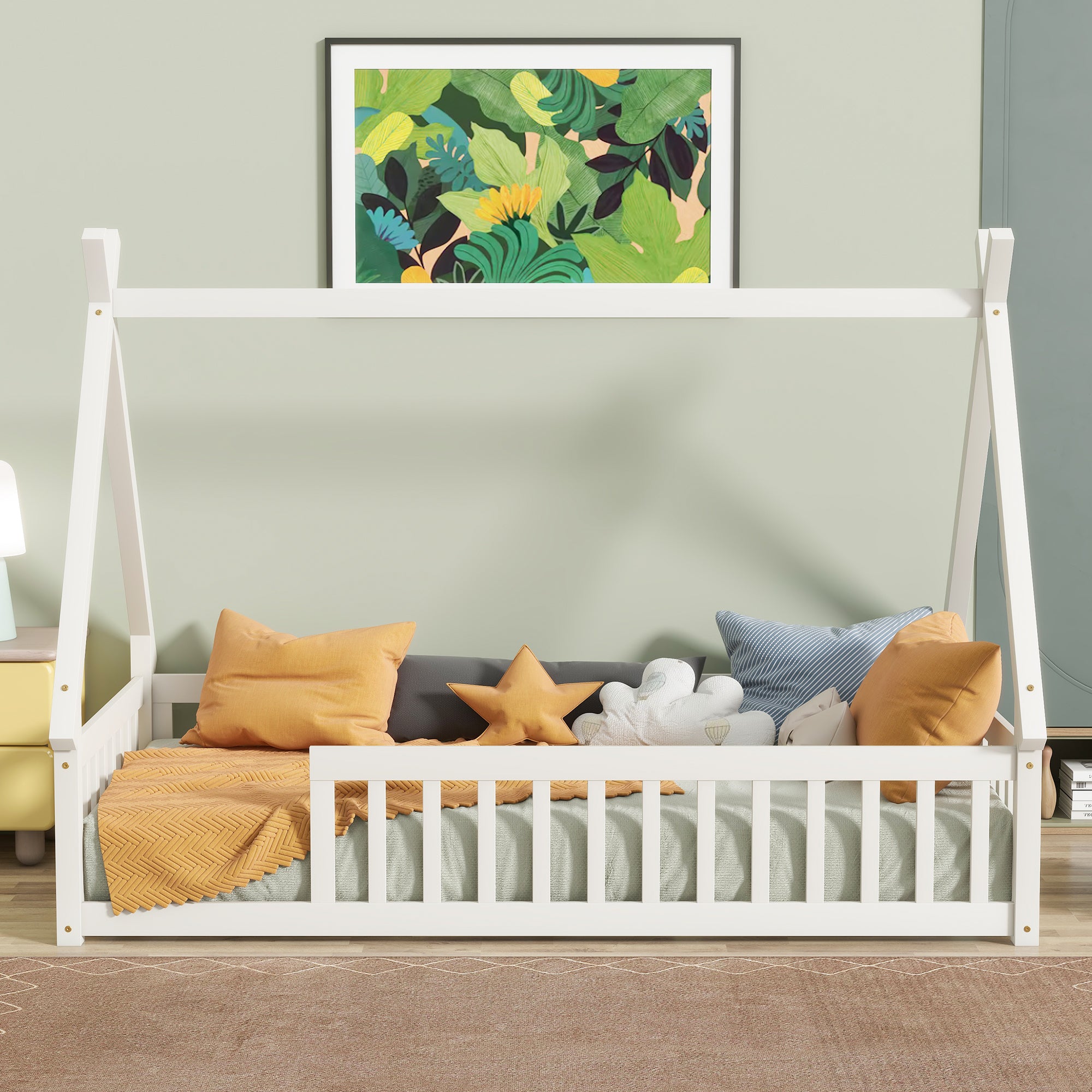 Twin Teepee Floor Bed with Guardrails & Slats - White Tent Design