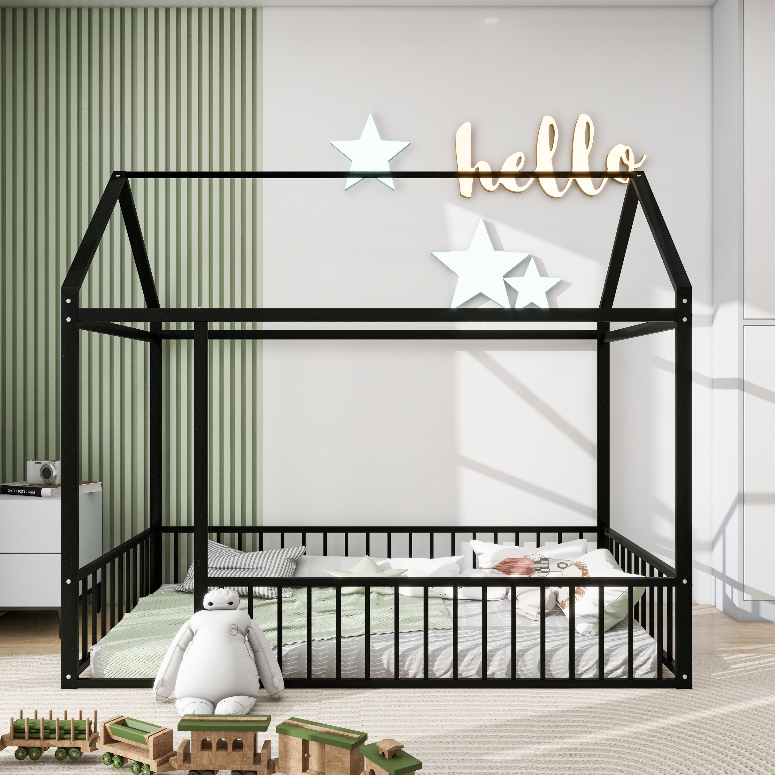 Twin Metal House Bed Frame w/ Fence Kids Teens Boys Girls Black