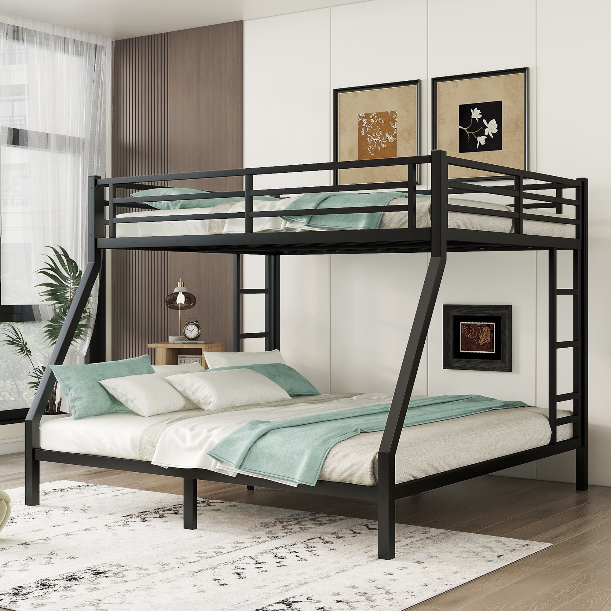 Black Metal Queen over King Bunk Bed, Space-Saving, No Box Spring