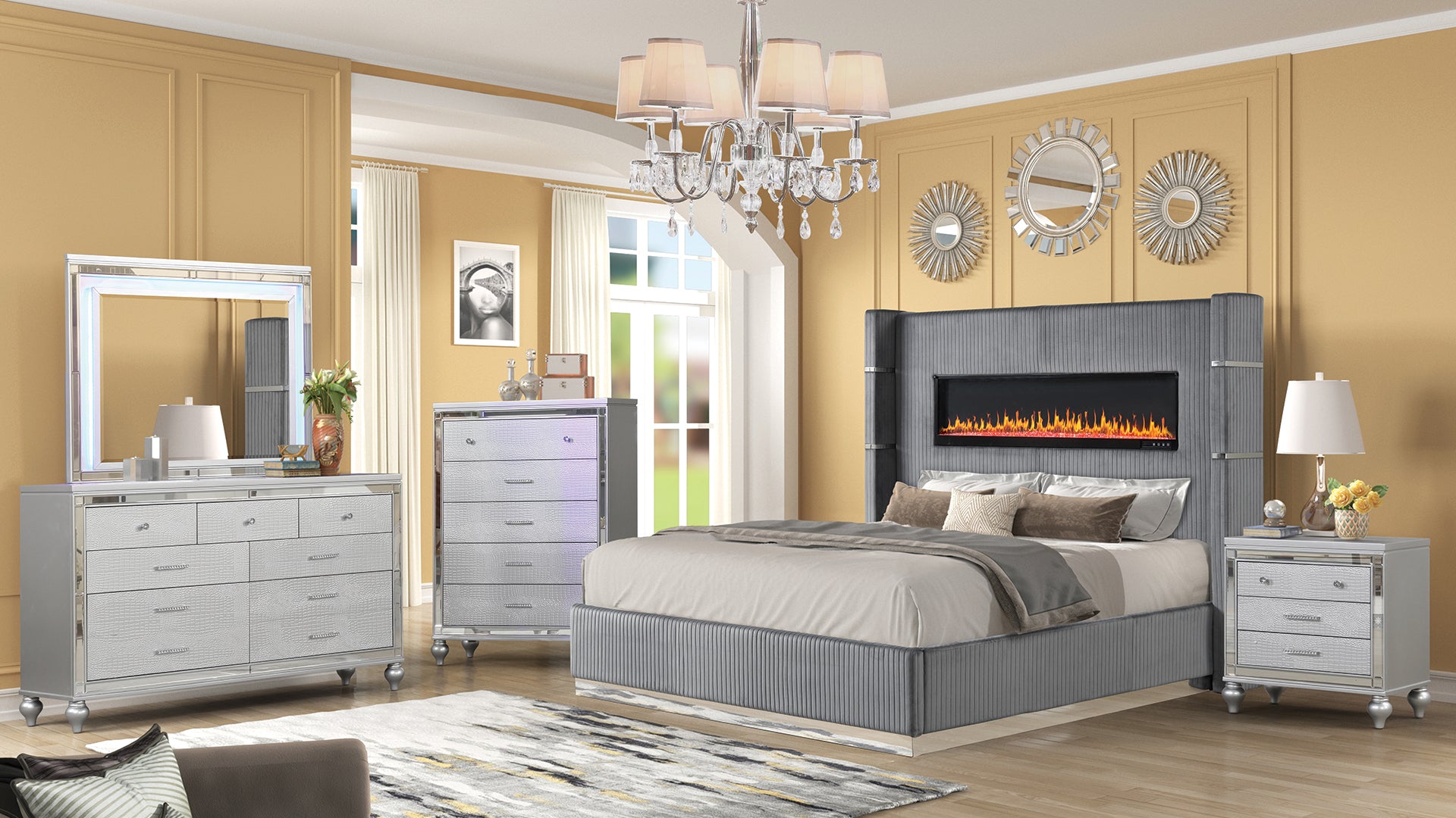 LIZZELLE Queen 5PC Upholstered Bedroom Set, Gray Velvet, Ambient Light
