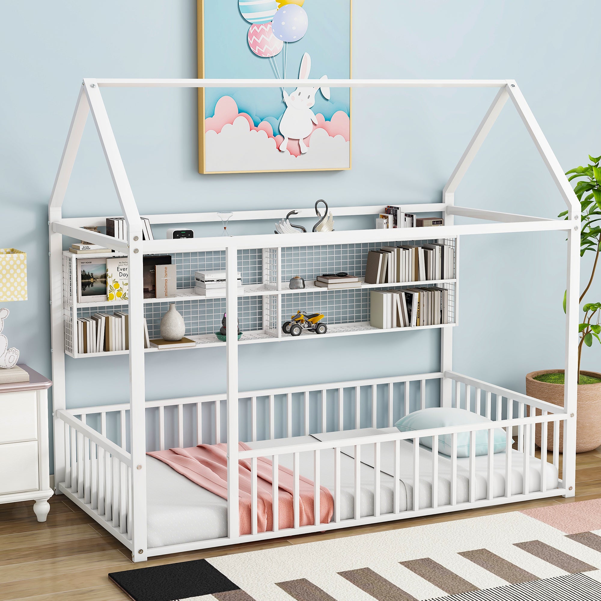 White Twin Metal House Bed Frame with Fence & Shelves