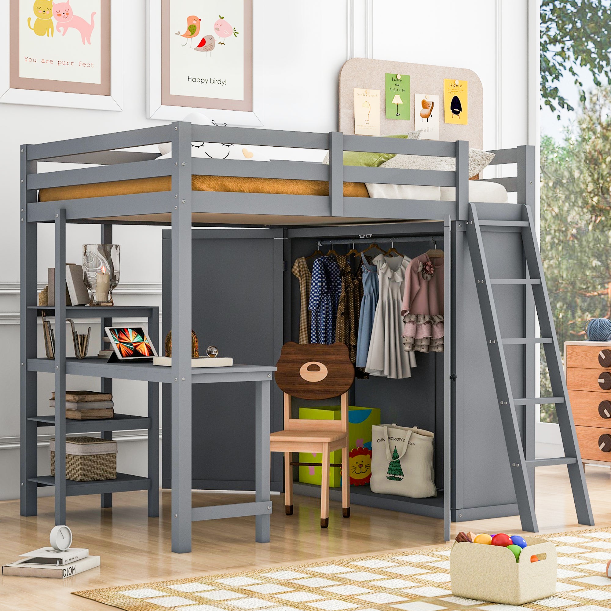 Full Size Loft Bed: Wardrobe, Desk & Shelves | Gray Space Saver