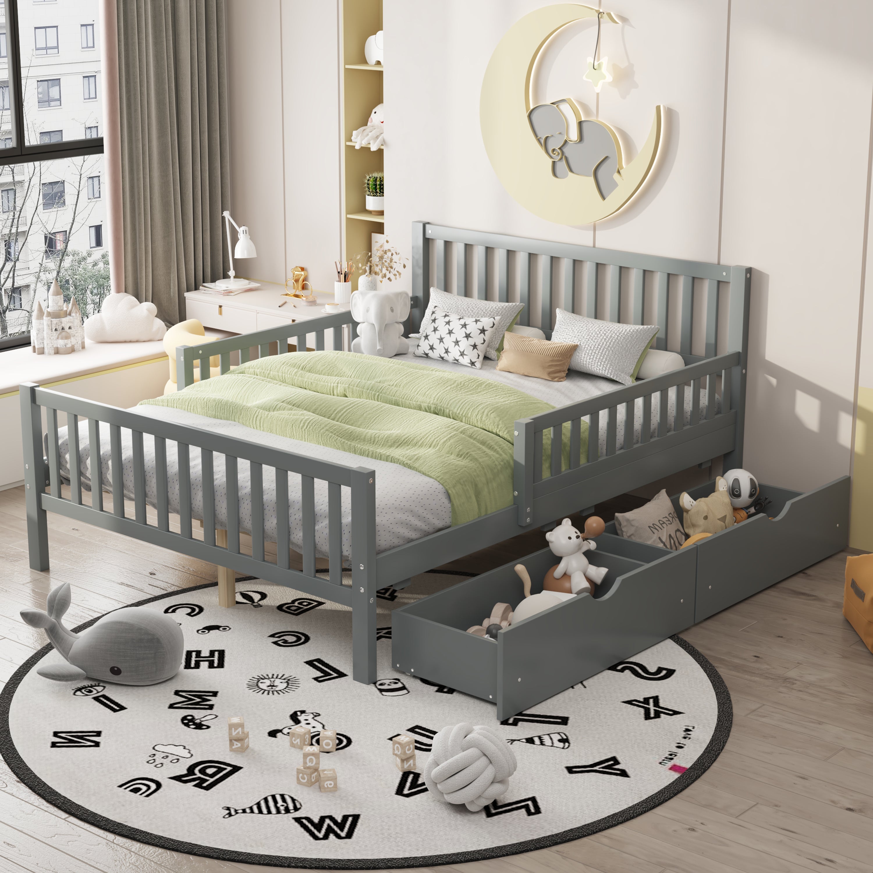 Full Size Gray Wood Platform Bed w/ Guardrails & 2 Storage Drawers