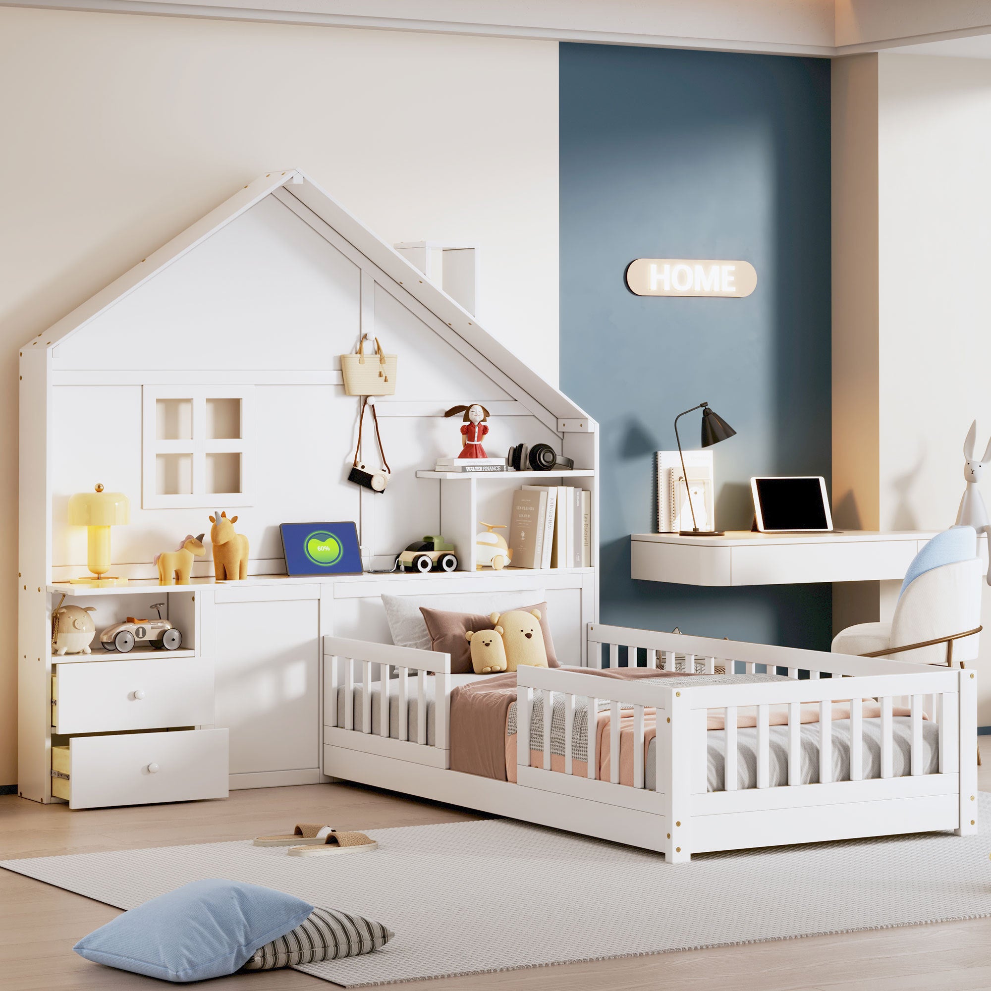 Twin White House Platform Bed w/ Drawers, Shelves, USB Port