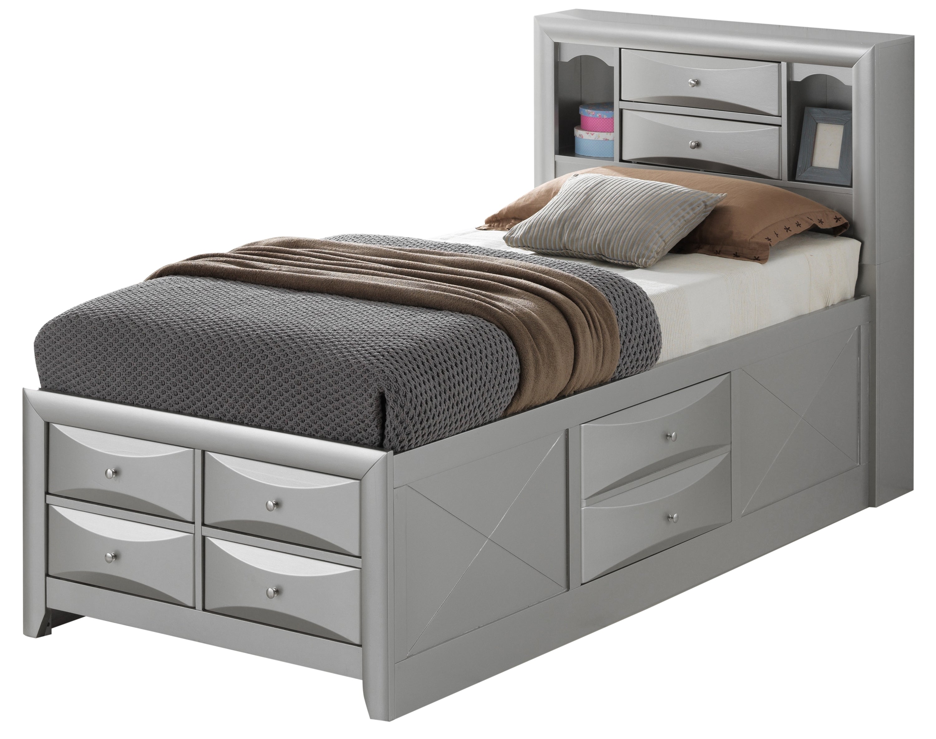 Stylish Silver Champagne Twin Storage Bed