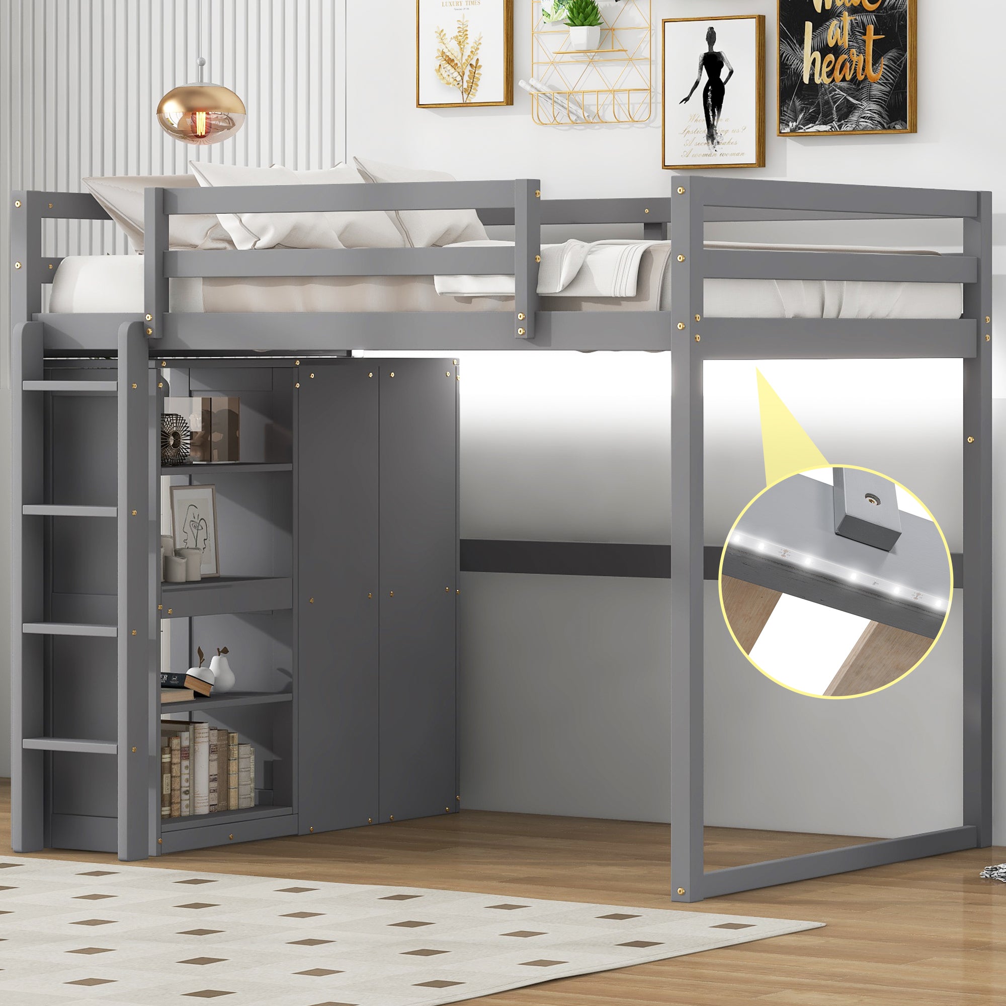 Wood Full Size Loft Bed: Wardrobe, Storage, LED Light - Gray
