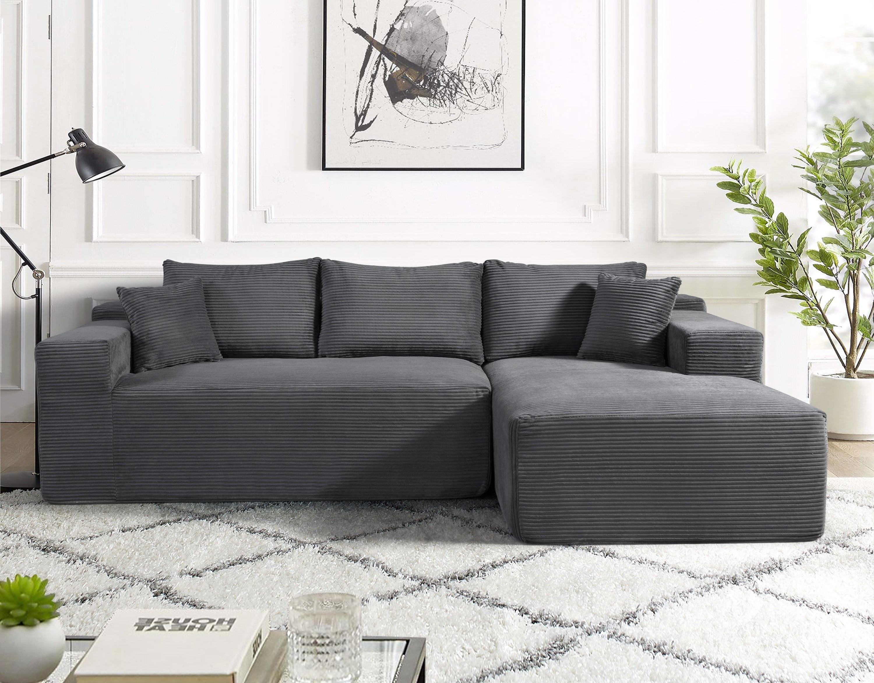 Convertible Corduroy Modular L-Shaped Sofa 3-Seater Dark Grey