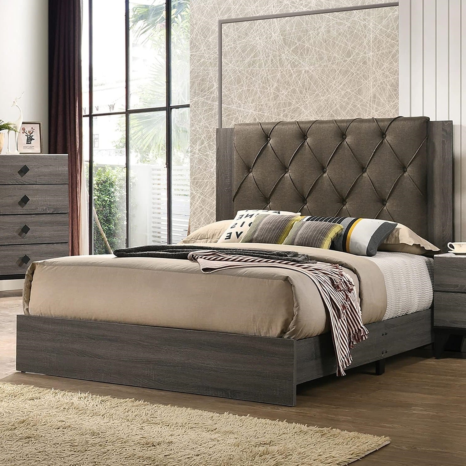 Contemporary King Bed Frame: Tufted Gray Headboard, Rubberwood