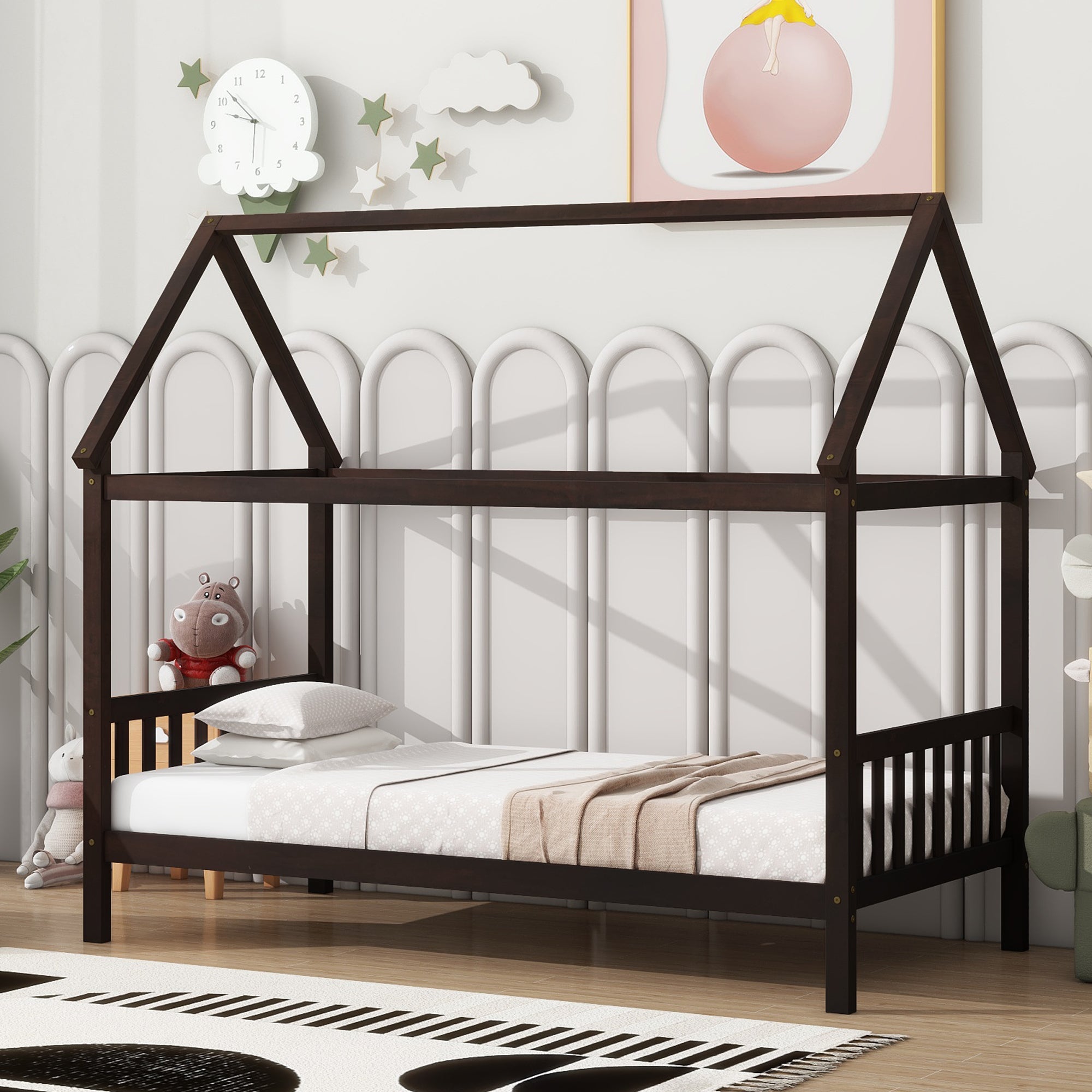Twin House Bed: Espresso Rubberwood Frame
