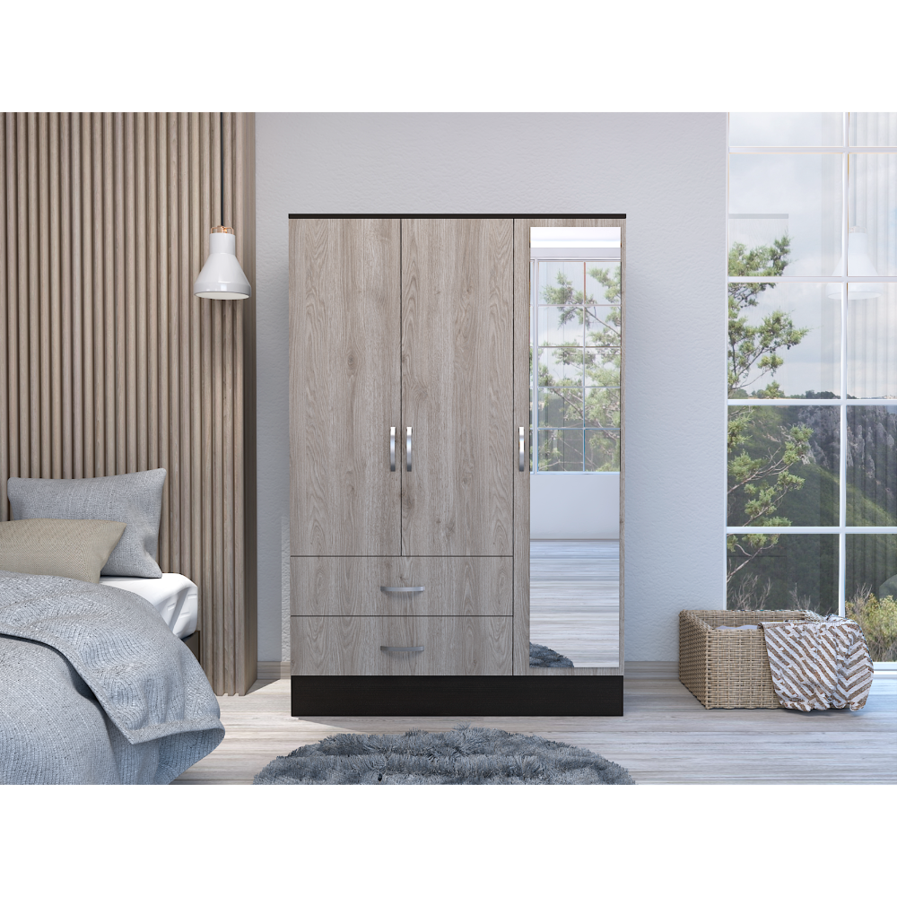 Bolton 120 Mirrored Armoire: Double Door, 2 Drawers, Rods