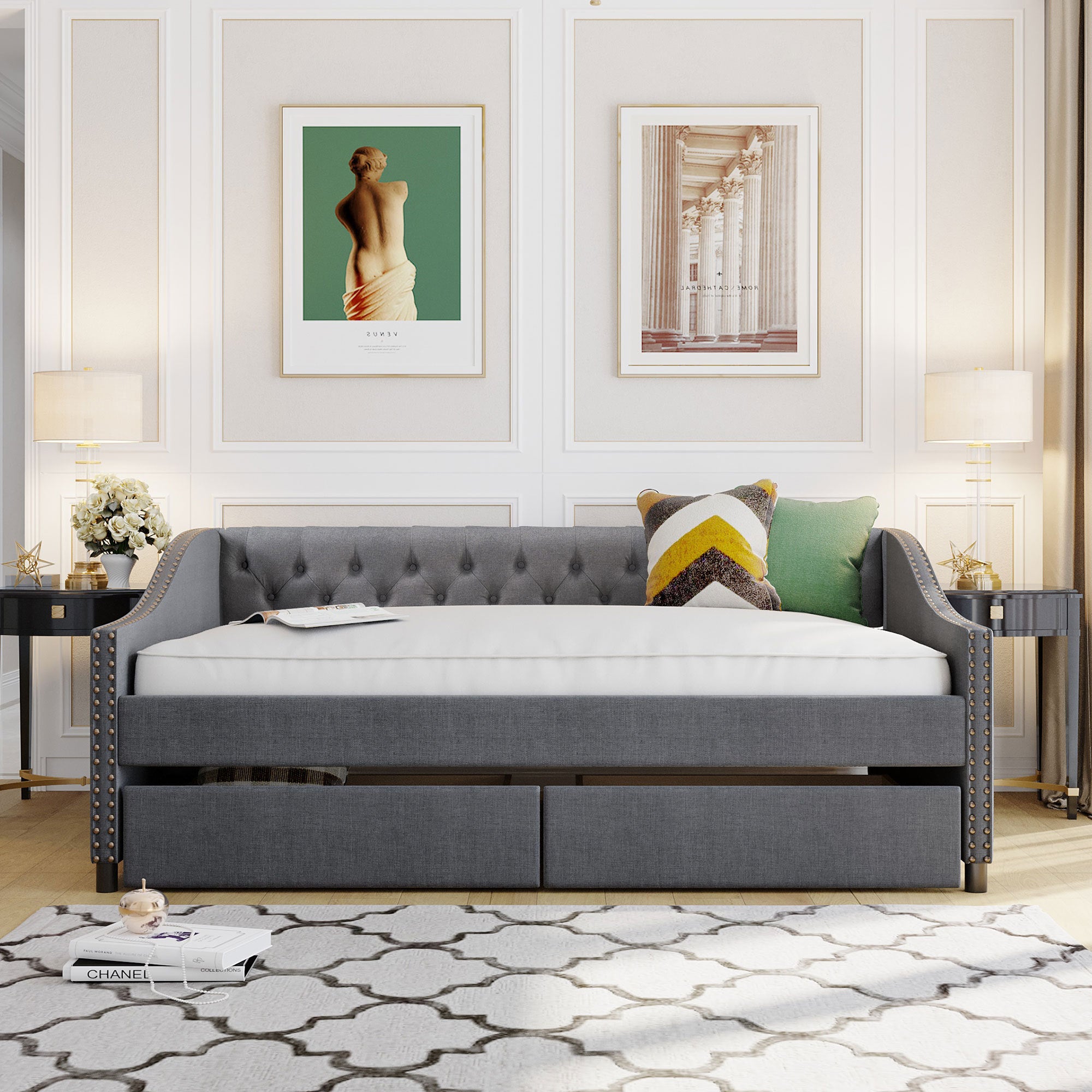 Full Size Gray Upholstered Daybed with Two Drawers & Wood Slats
