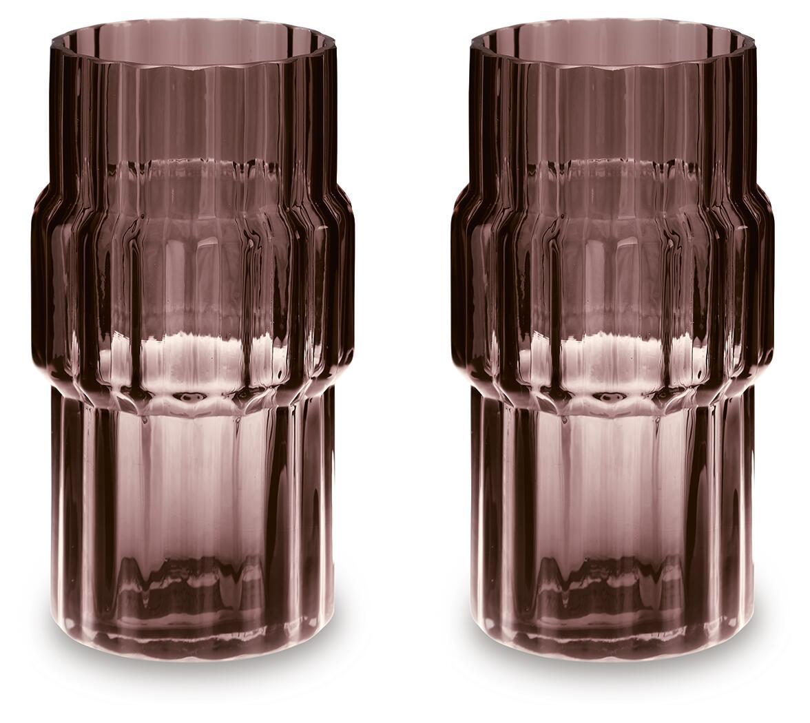 Purple faceted glass vase with ribbed top, cylindrical shape, set of 2
