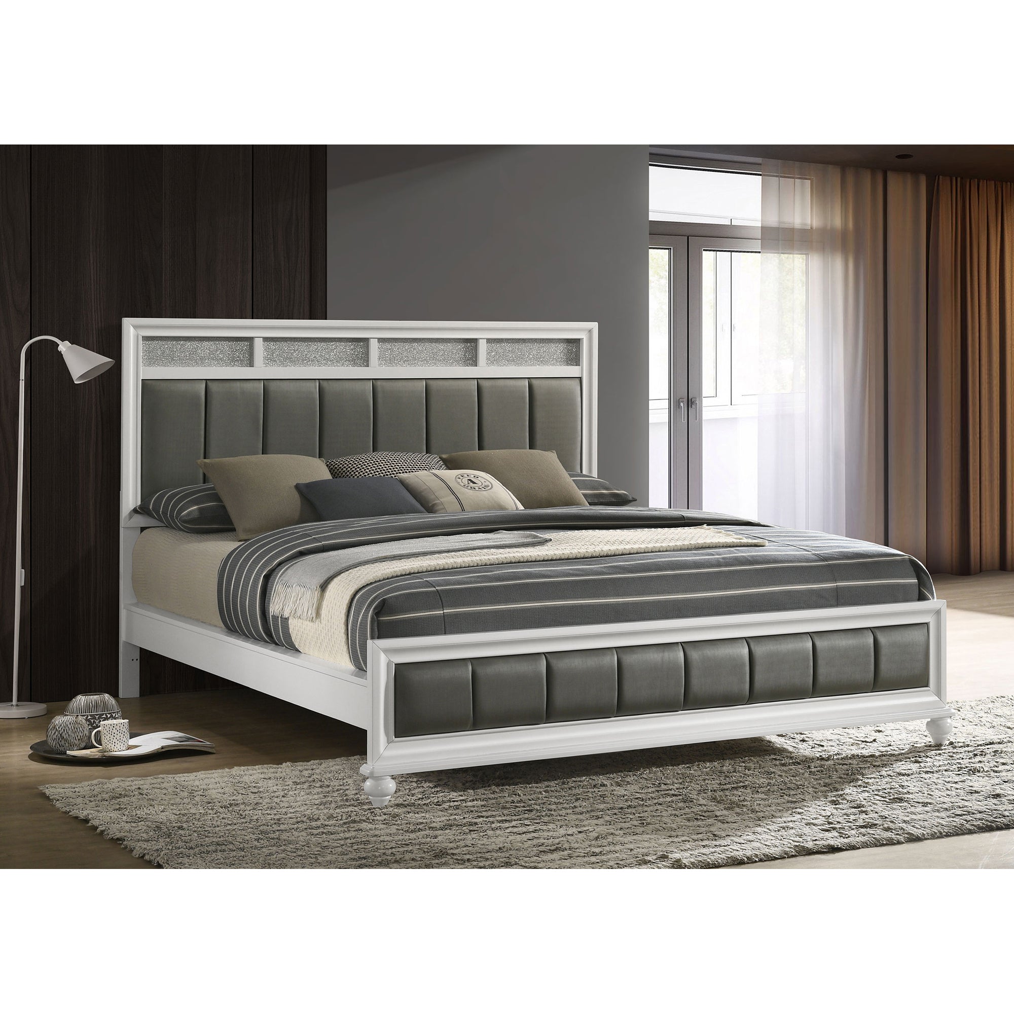 Talia White/Grey Upholstered California King Panel Bed - SEO Title