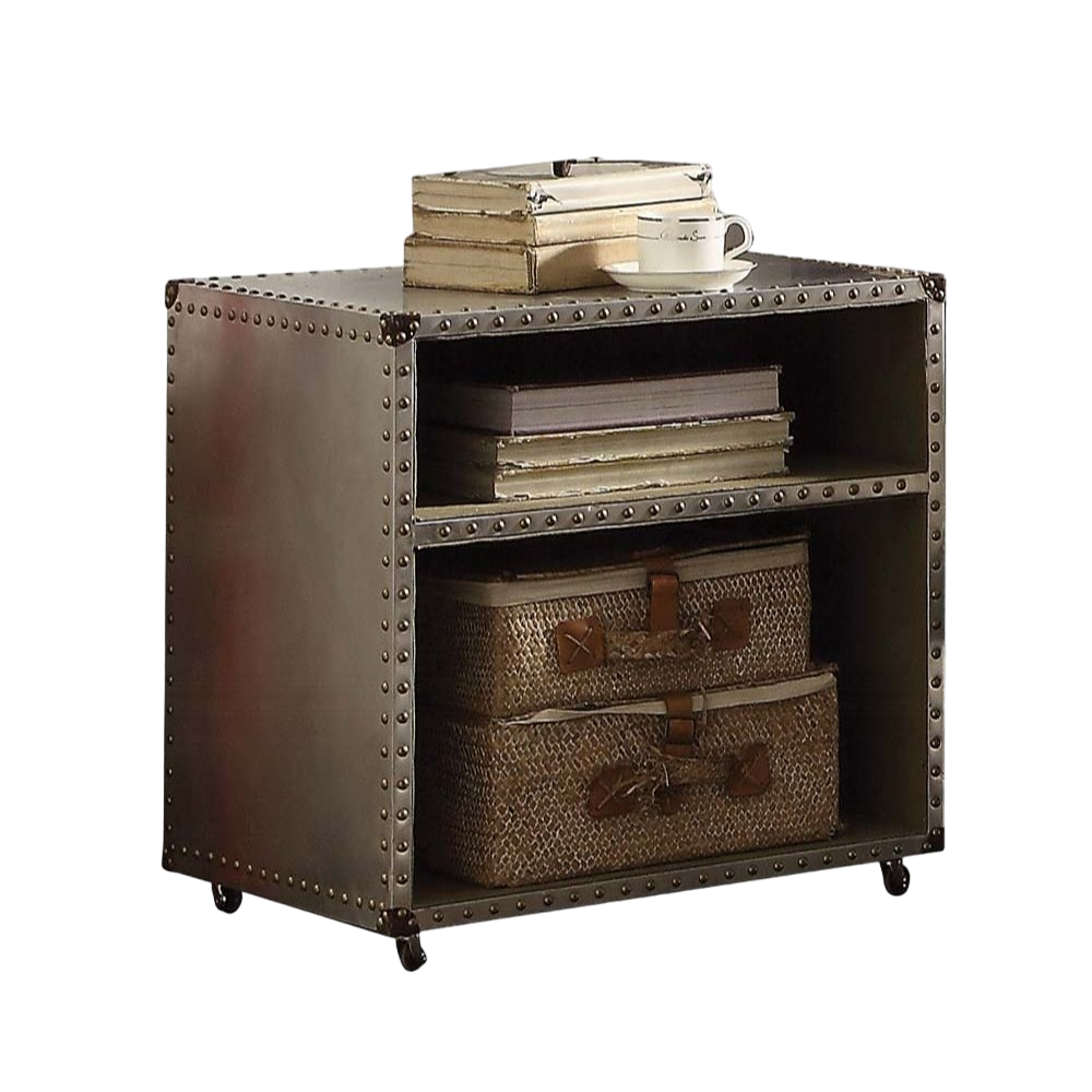 Aluminum 2-Shelf Nightstand w/ Nailhead Trim & Casters | Storage