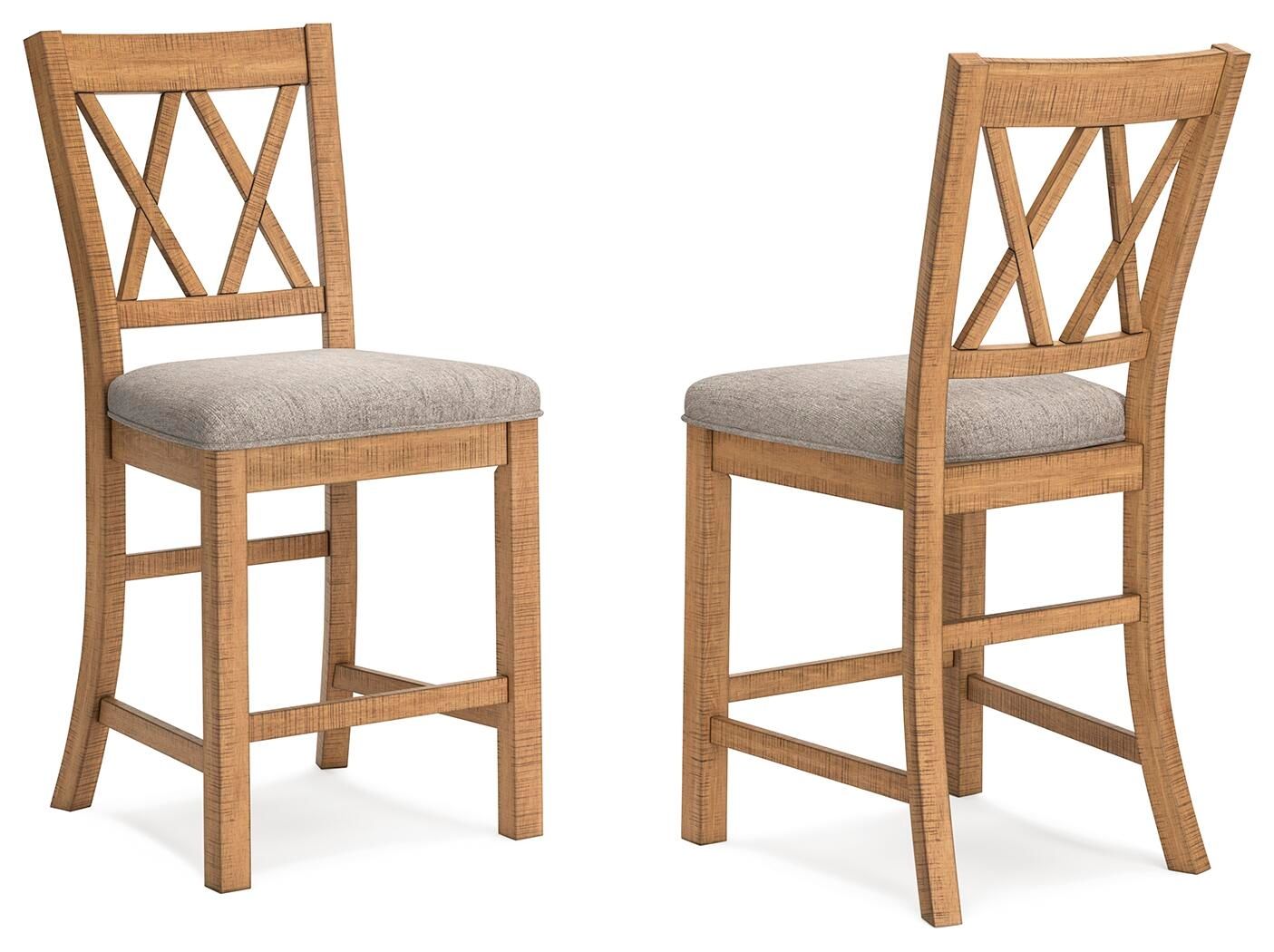 Brown upholstered barstool set of 2 with gray seat and crisscross back