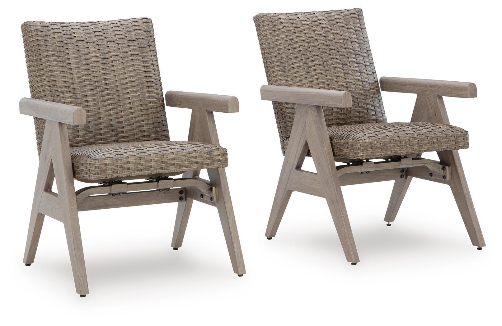 Beige woven rocking arm chairs, set of 2, with light wood arms and base