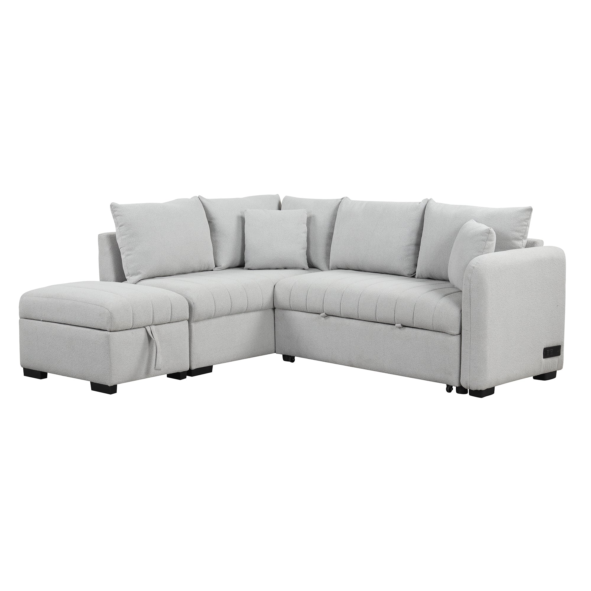 Modern L-Shaped Sofa Bed w/ USB & Storage Ottoman
