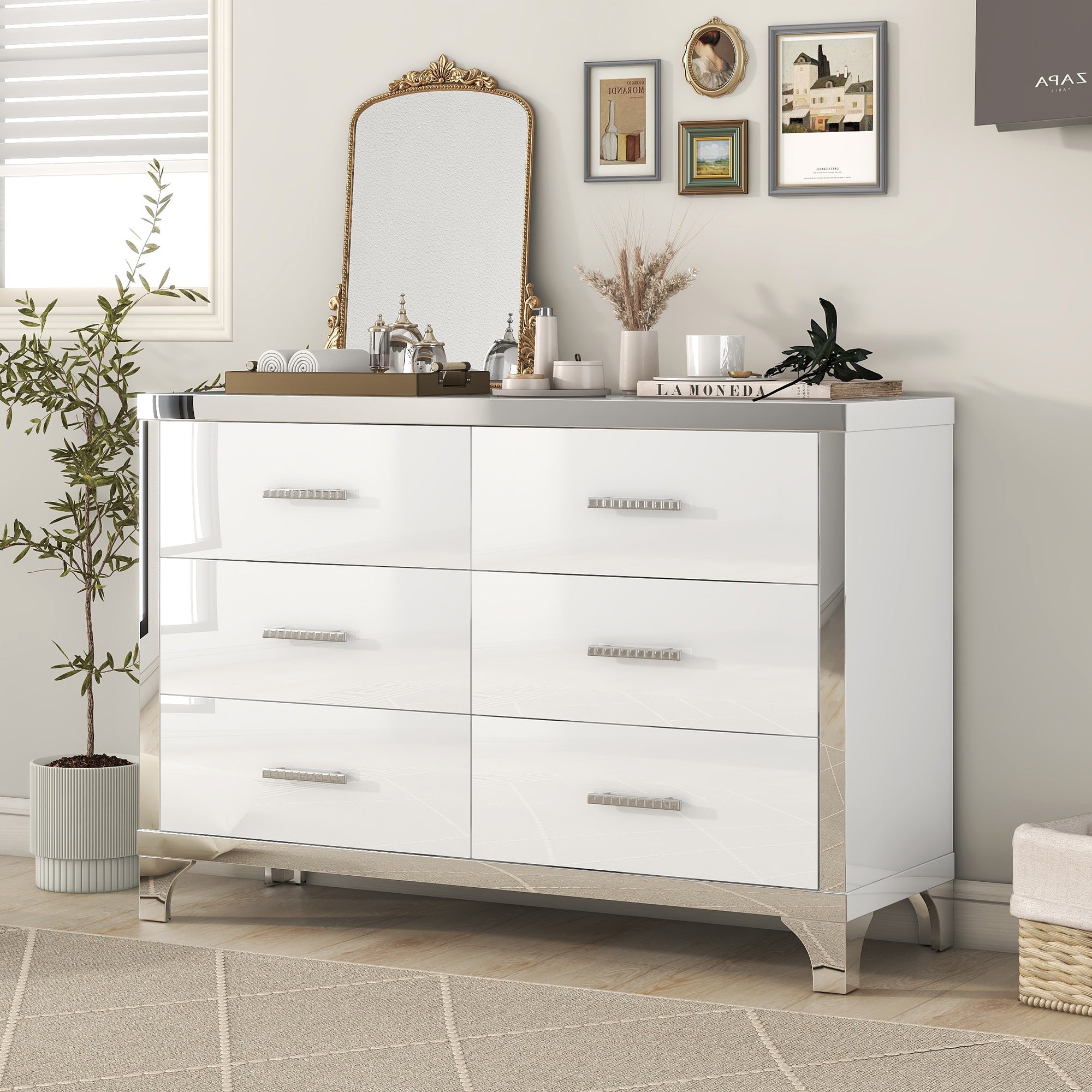 White High Gloss Mirrored Dresser - 6-Drawer Bedroom Storage
