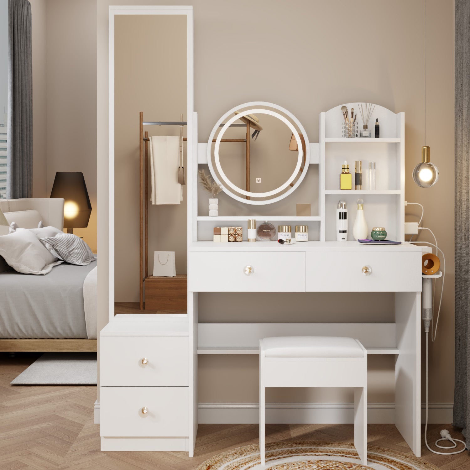 Vanity Table Set: Full Body Mirror Cabinet, LED Mirror, Stool, Power