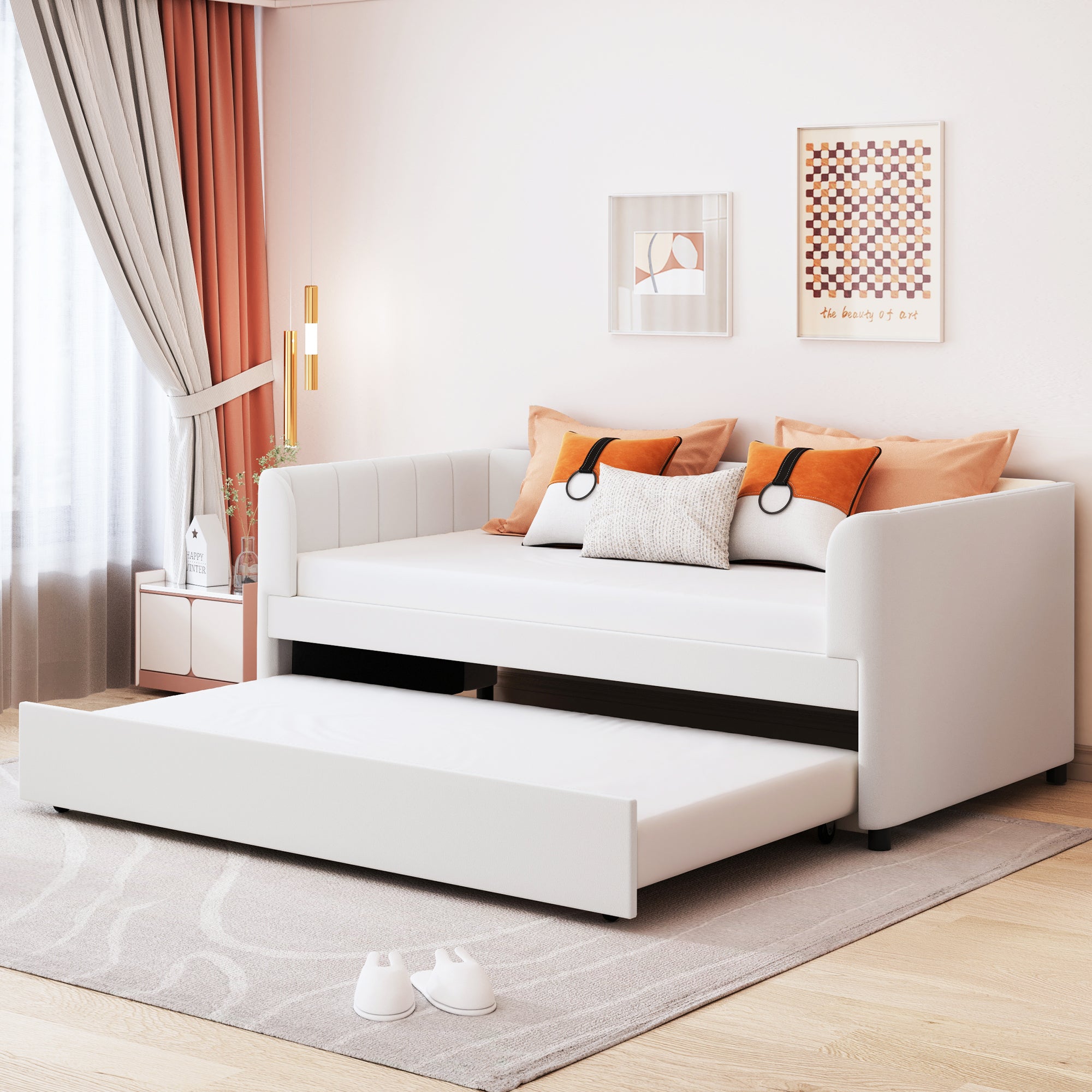 Twin Upholstered Daybed with Trundle & Ergonomic Backrest, Beige