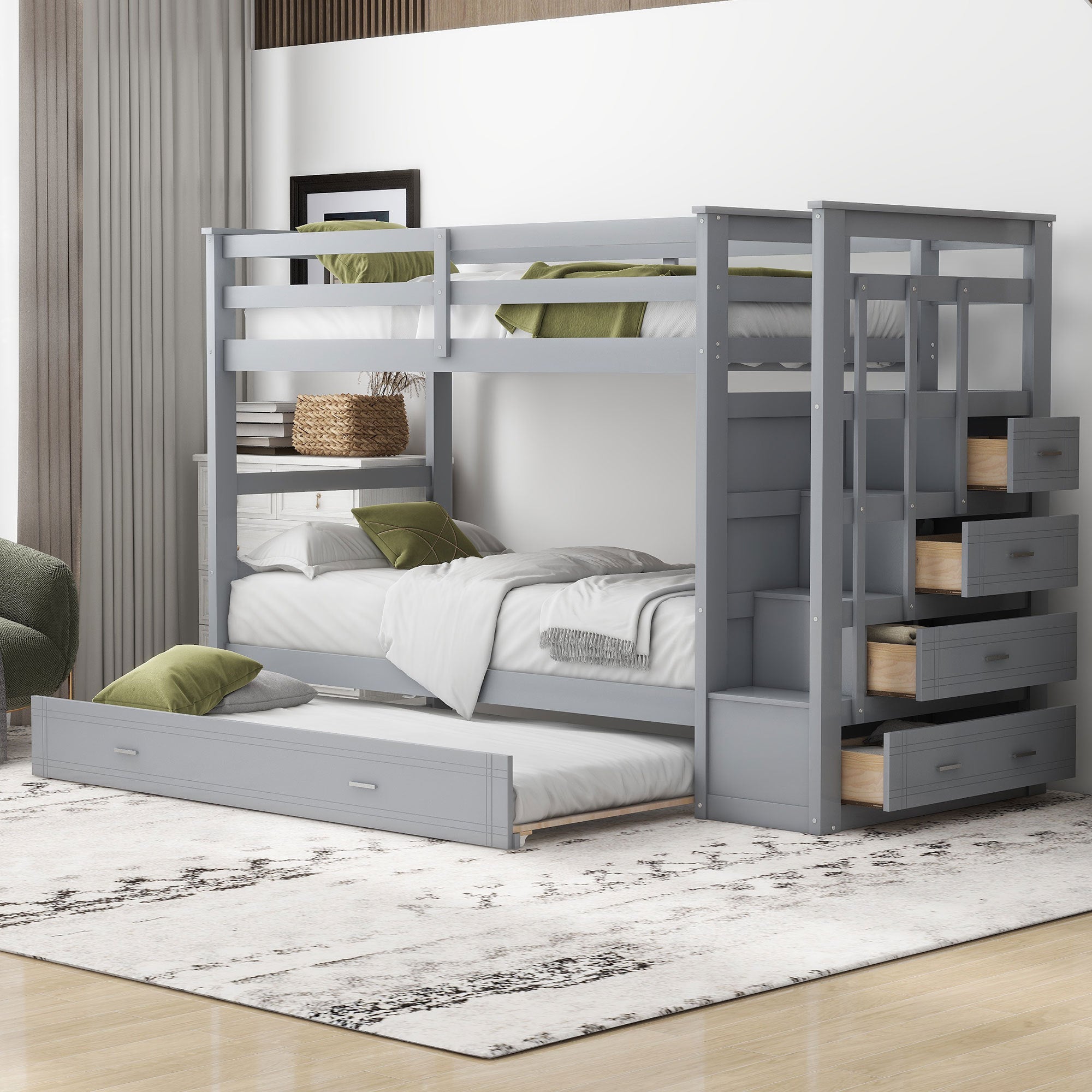 Twin Over Twin Bunk Bed with Trundle & Staircase - Gray