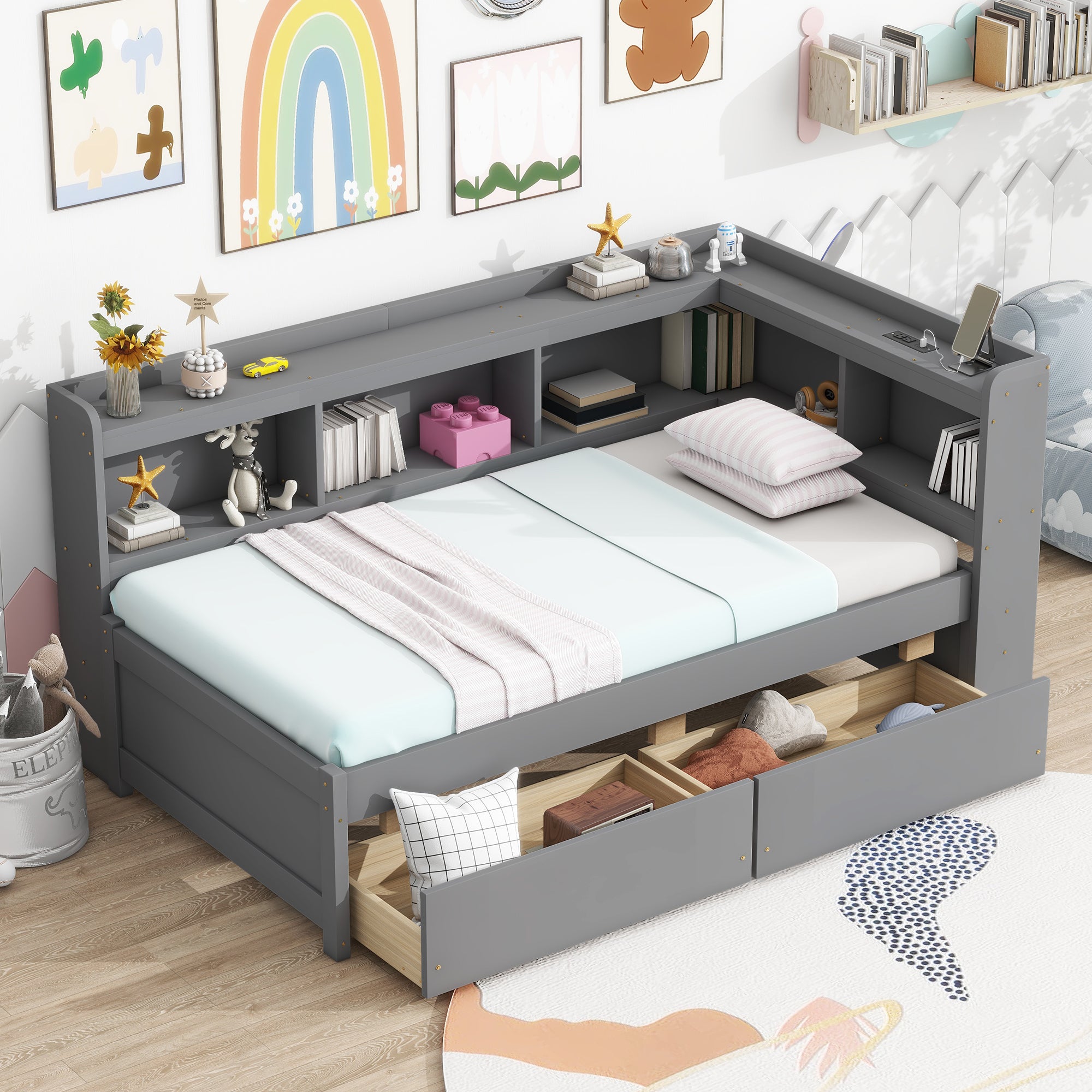 Twin L-Shaped Bookcase Bed w/ Power, USB & Drawers - Grey