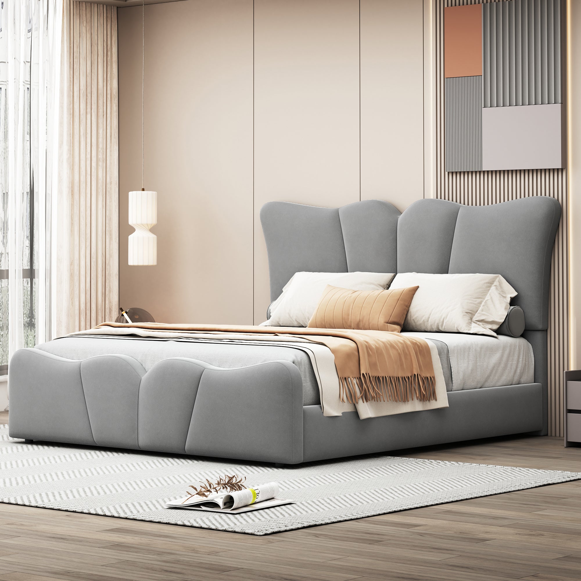 Full Size Gray Velvet Upholstered Platform Bed for Modern Bedrooms & Style