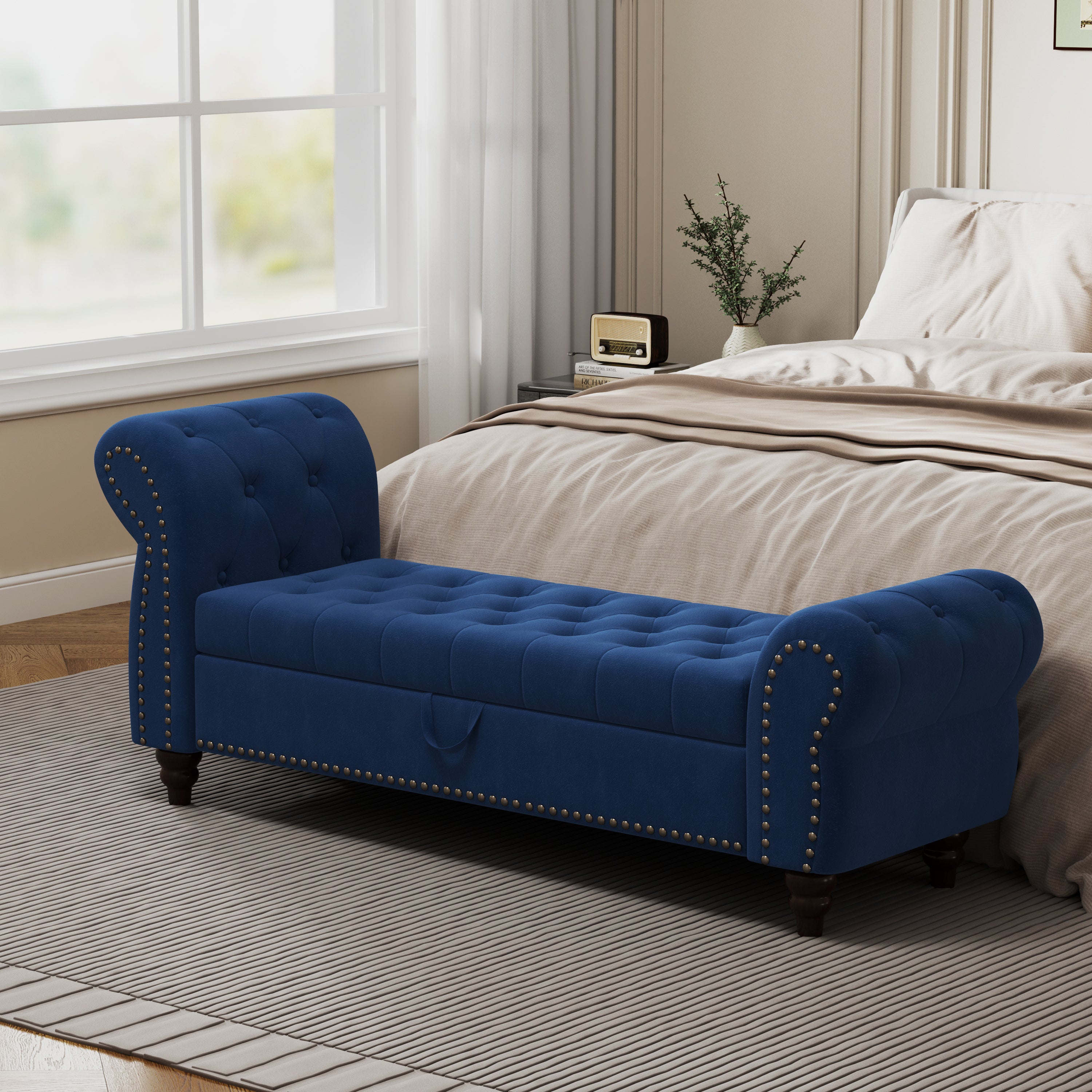 64.5" Navy Velvet Tufted Storage Bench Chaise Lounge