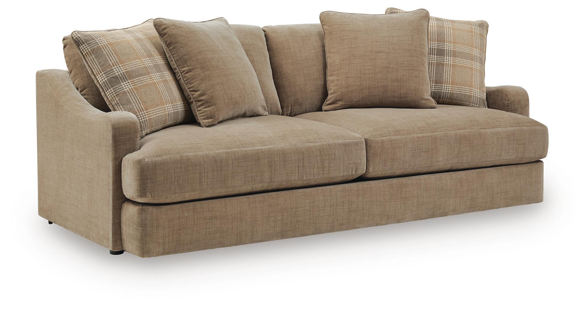 Sofa with light beige fabric, rolled arms, and 3 coordinating throw pillows