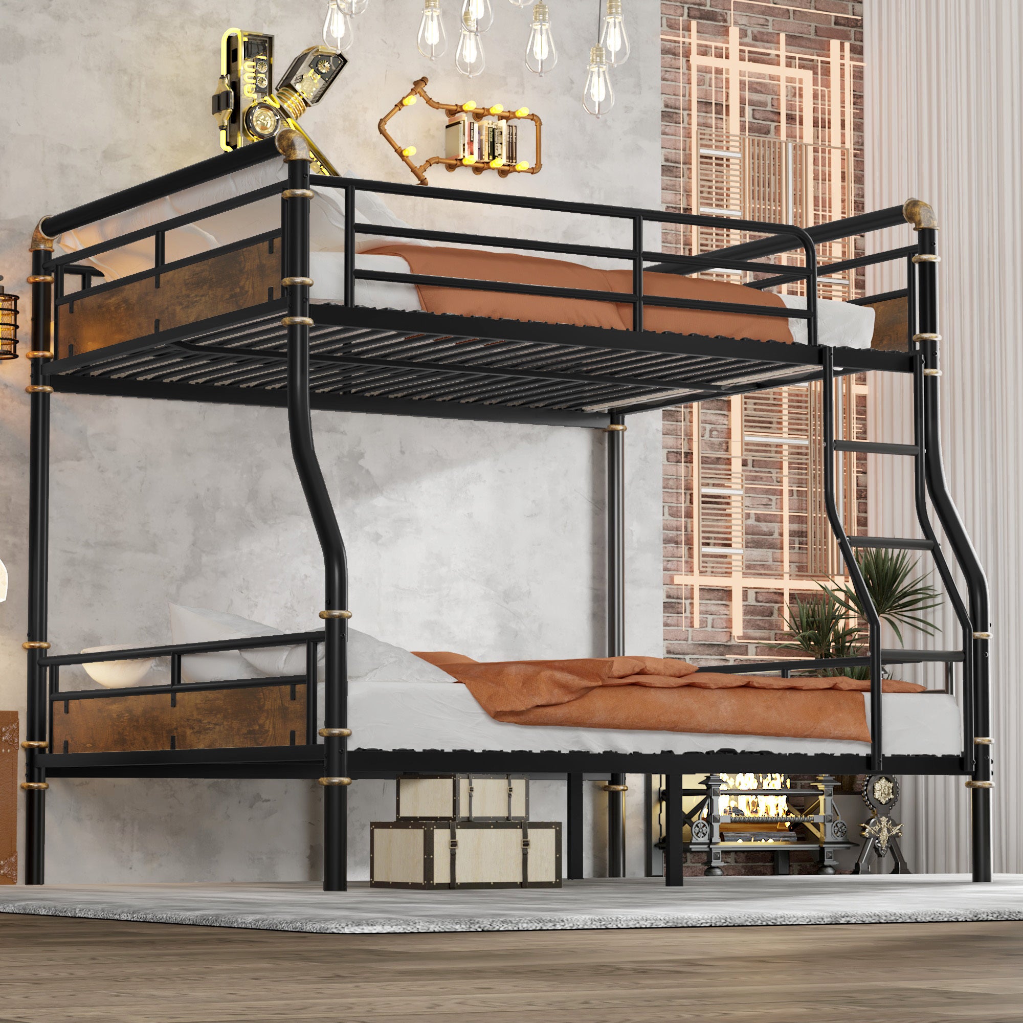Full XL over Queen Metal Industrial Detachable Bunk Bed for Teens Black