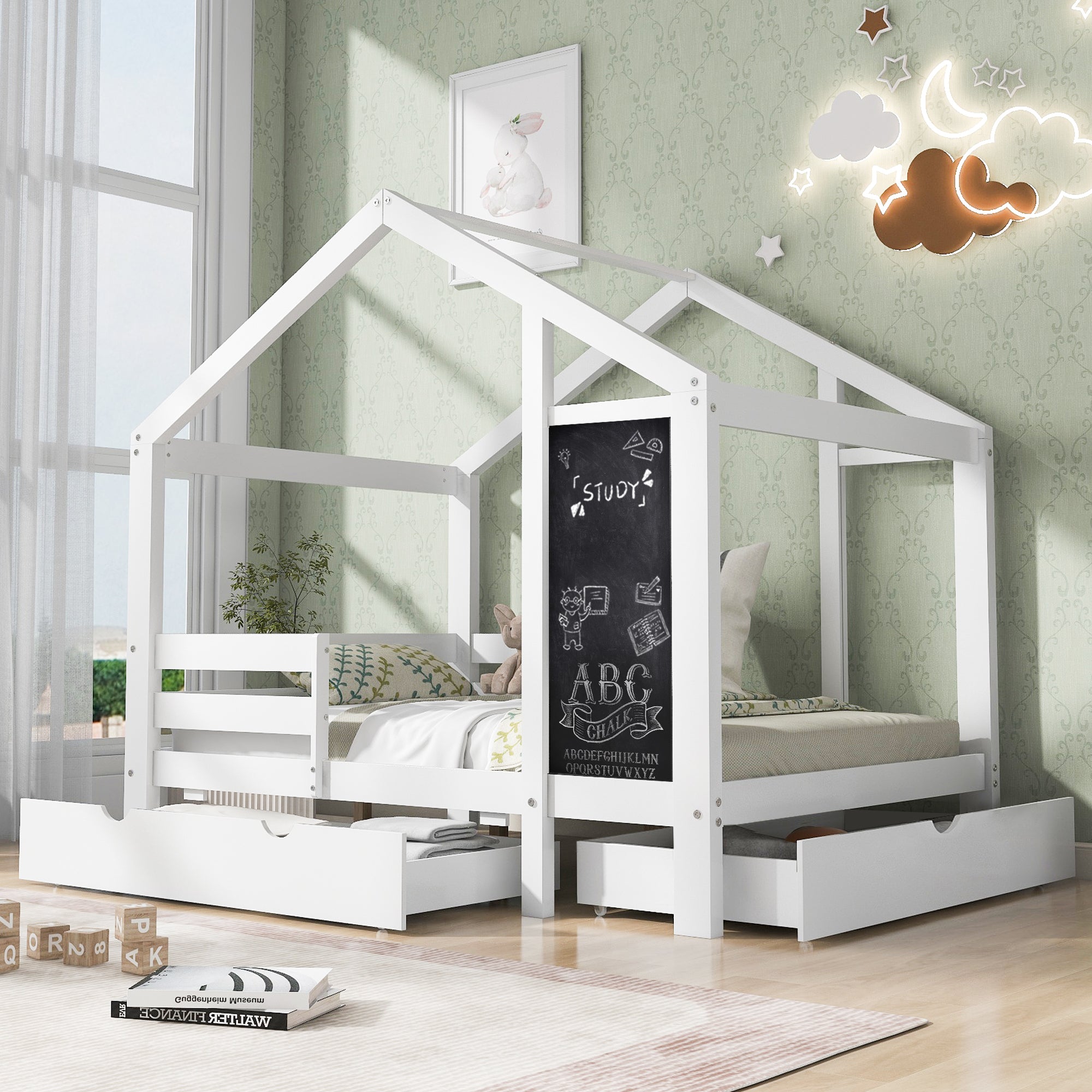 Twin House Bed w/Blackboard & Drawers (White)