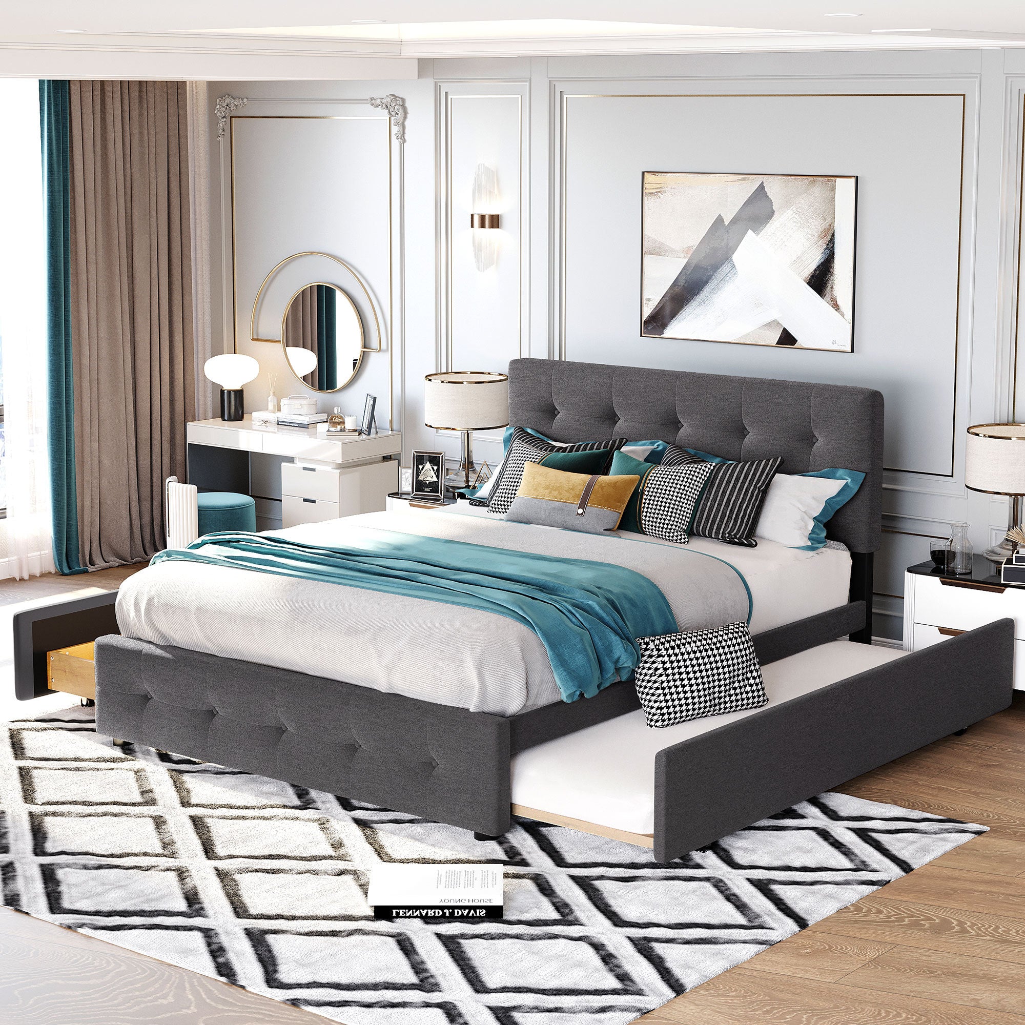 Dark Gray Queen Upholstered Platform Bed, 2 Drawers, Twin XL Trundle
