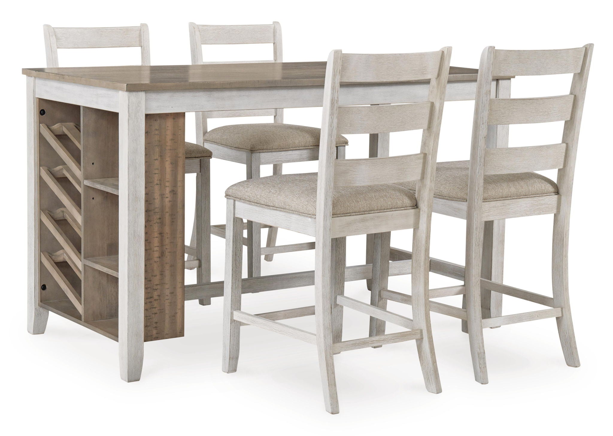 White counter table with built-in side cabinet storage and bar-height chairs