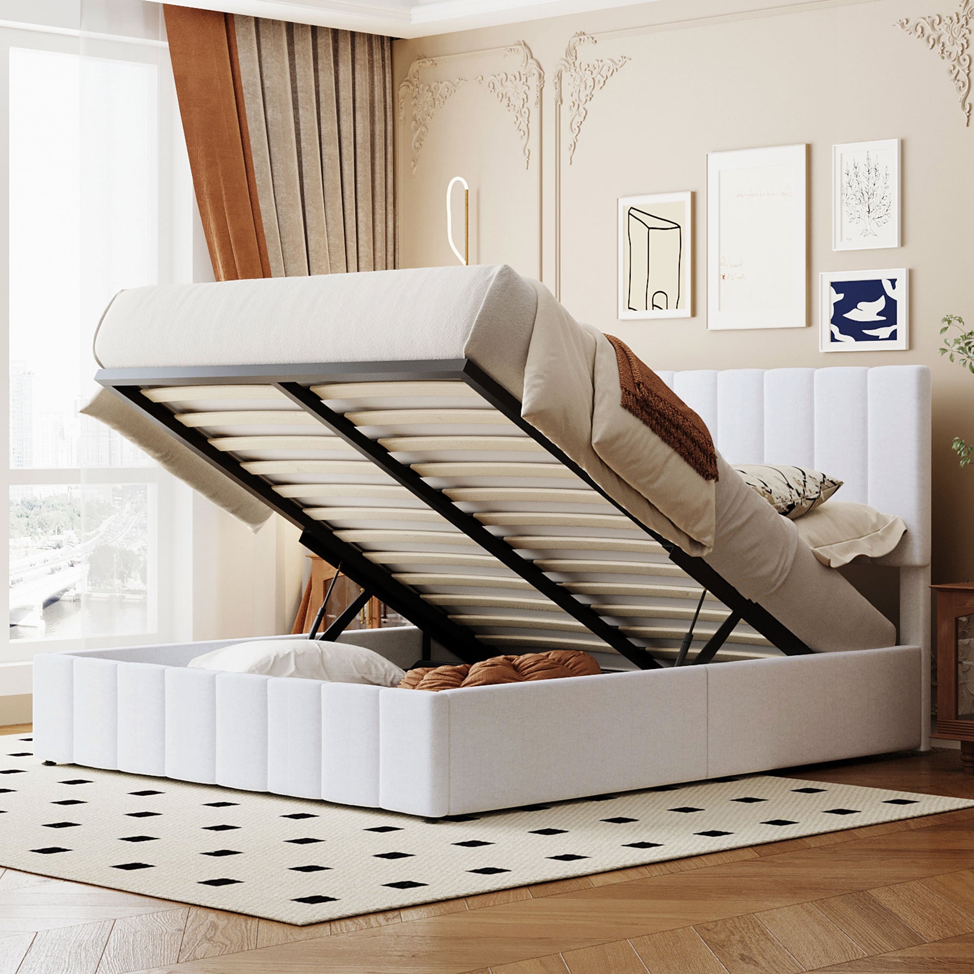 Queen Upholstered Platform Bed with Hydraulic Storage - White