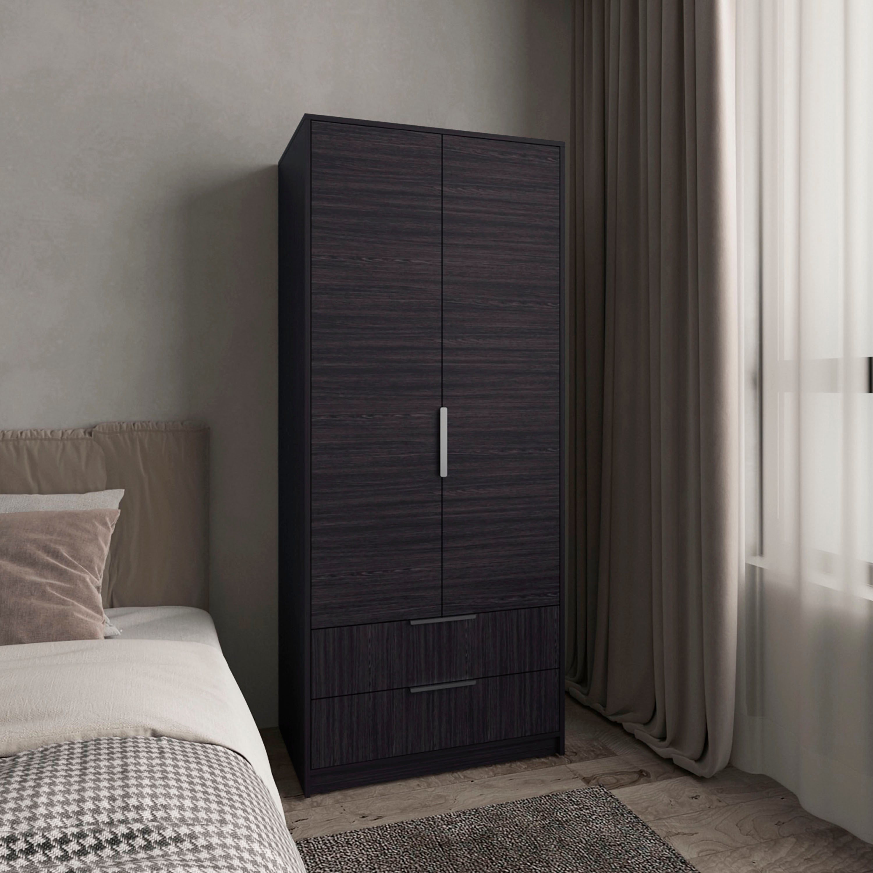 Wenden Black Armoire Wardrobe - Double Doors, 2 Drawers, Rod, Shelves