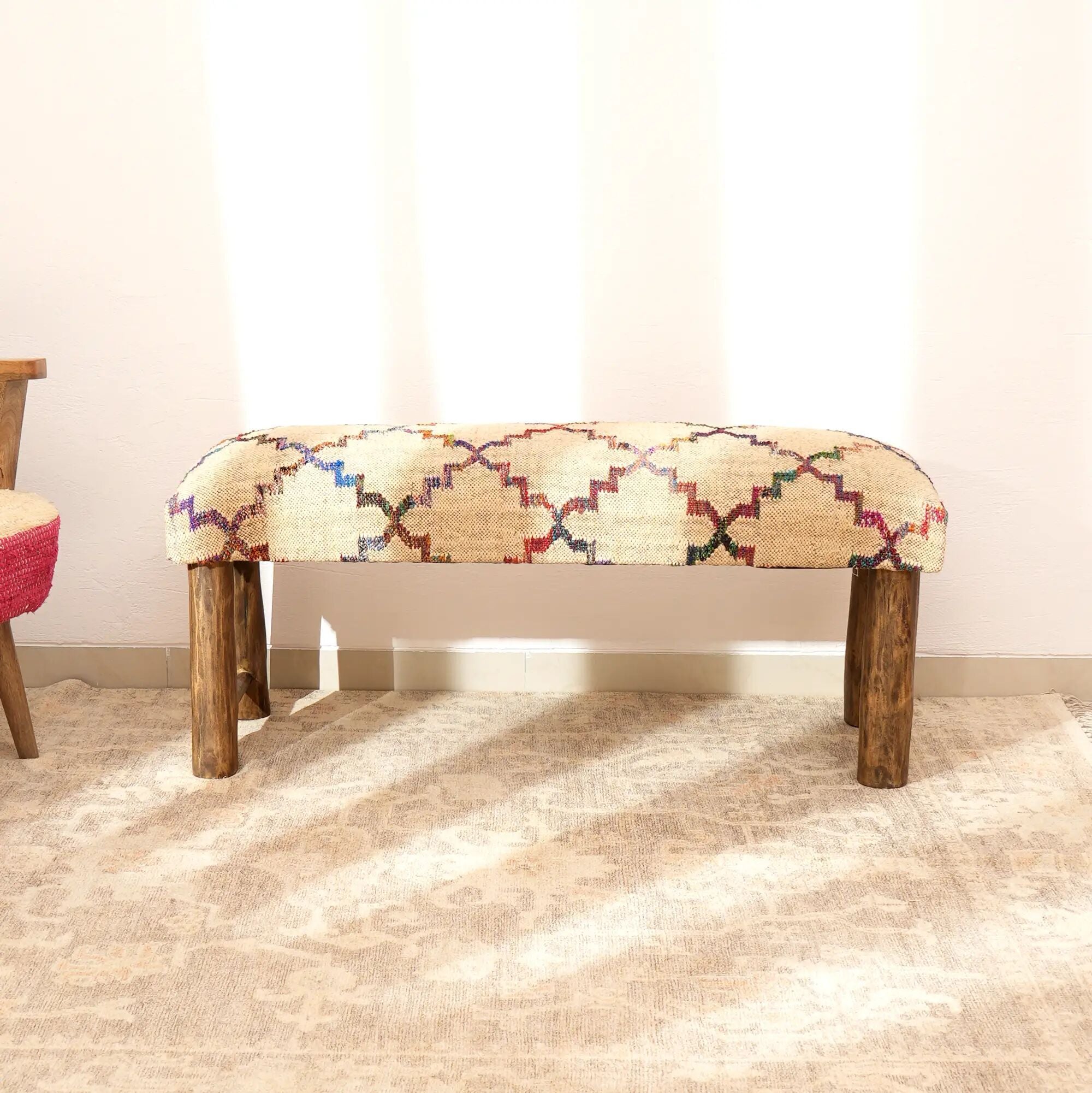 Decorative Multicolor Jute Fabric Upholstered Bench