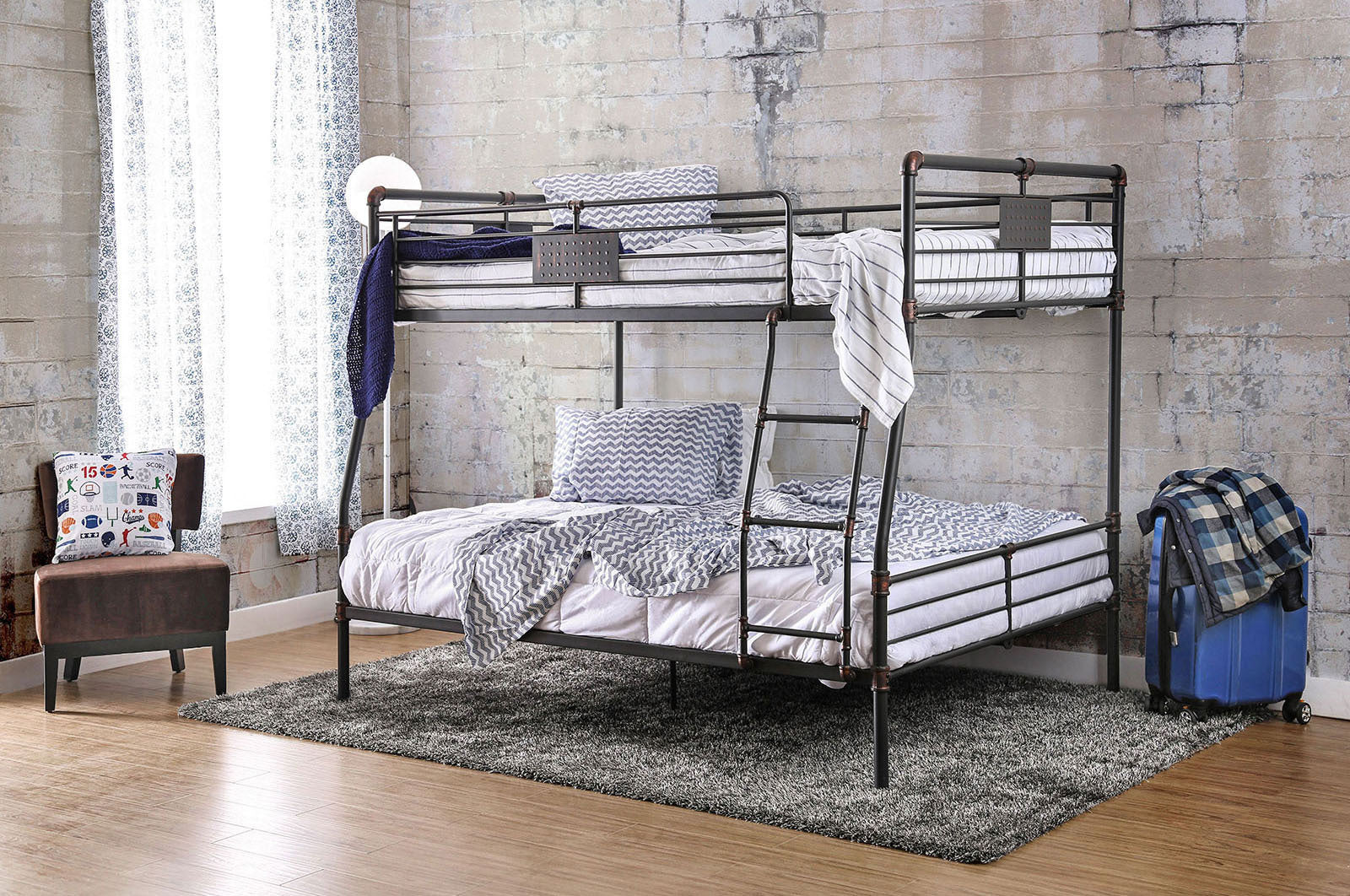 Industrial Metal Full Over Queen Bunk Bed, Antique Black