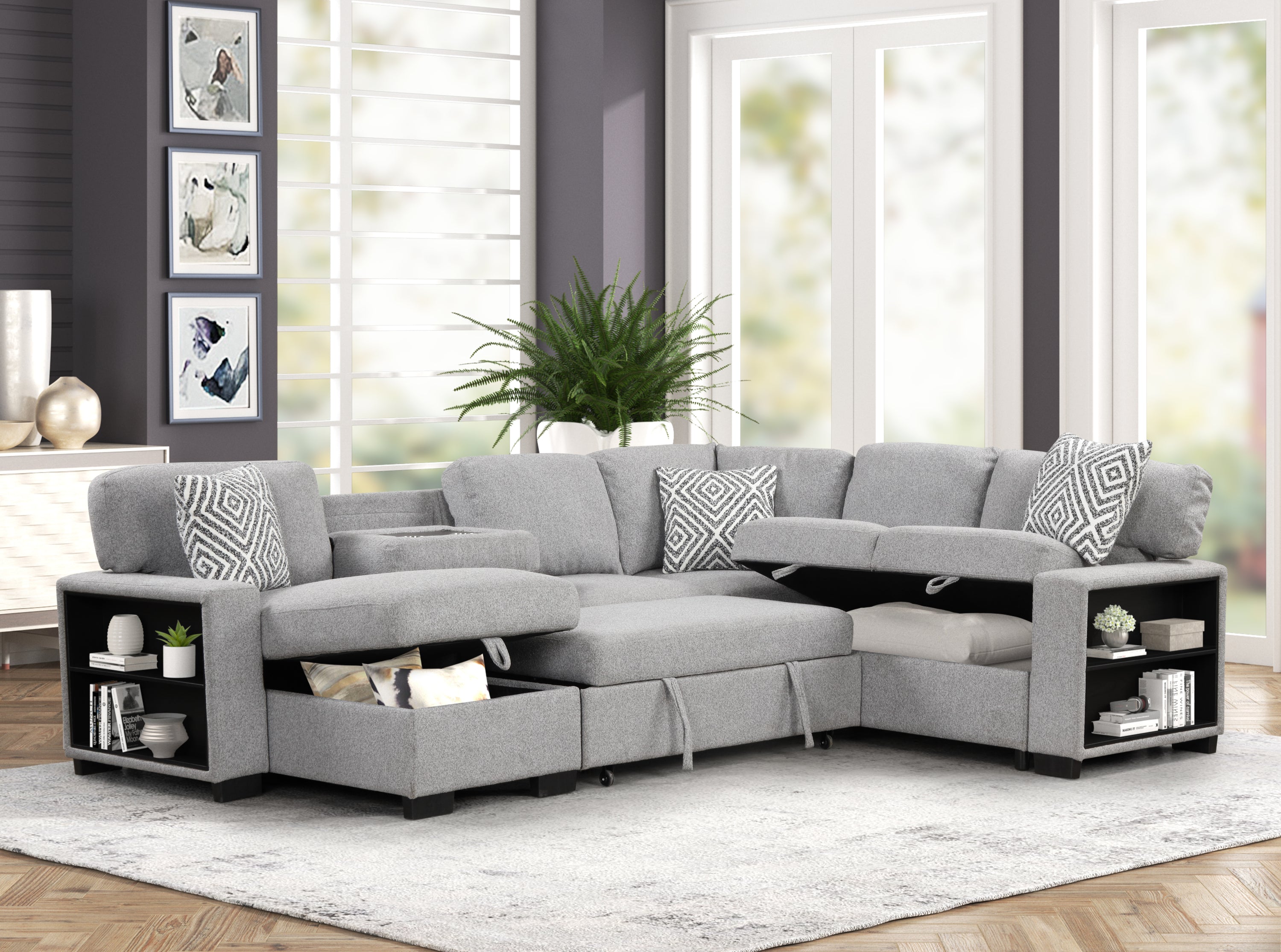 Cairo Modern Gray Sectional Sleeper Storage Bookcase USB