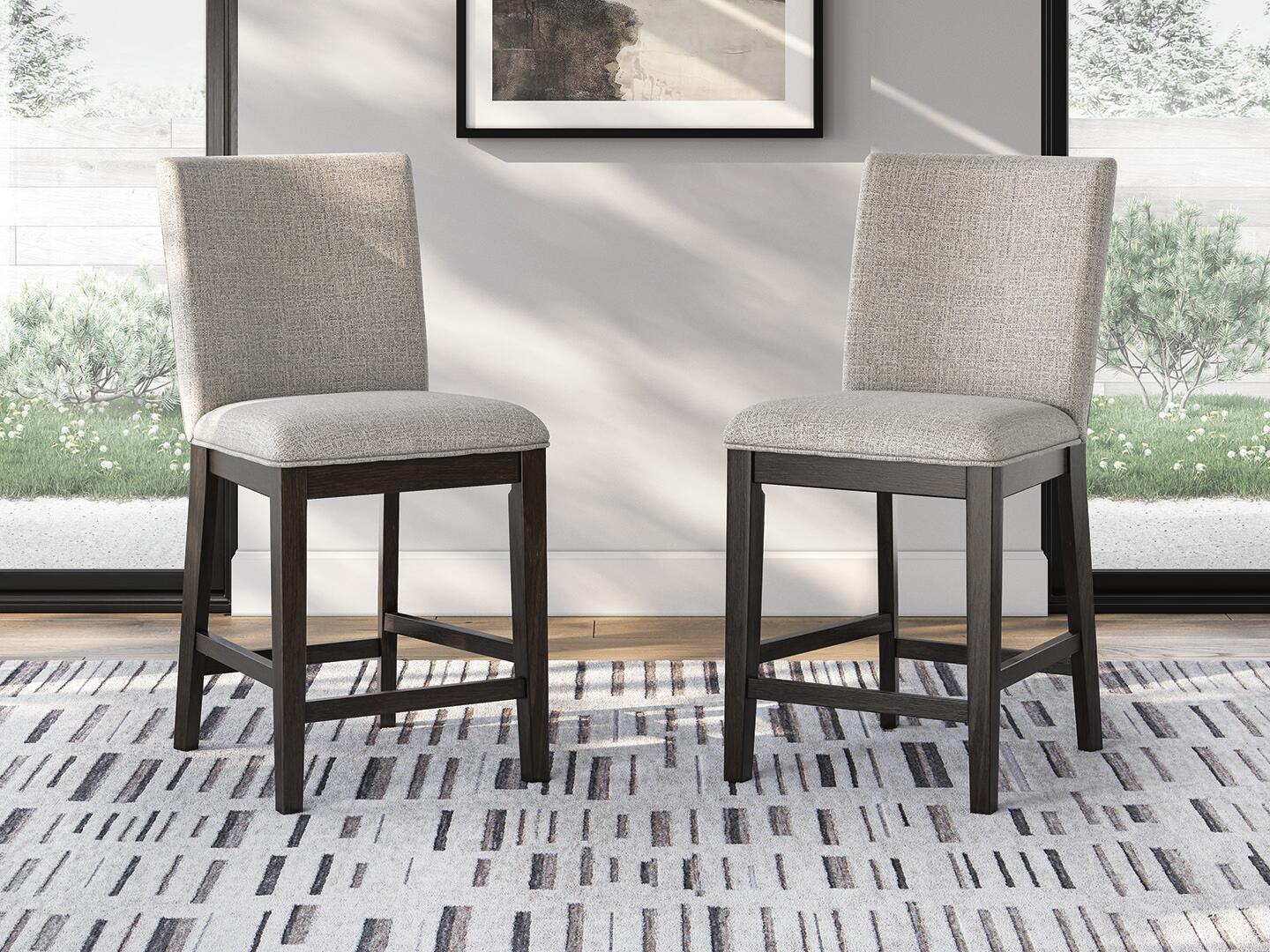 Set of 2 upholstered barstools, dark brown, cushioned seats, square legs