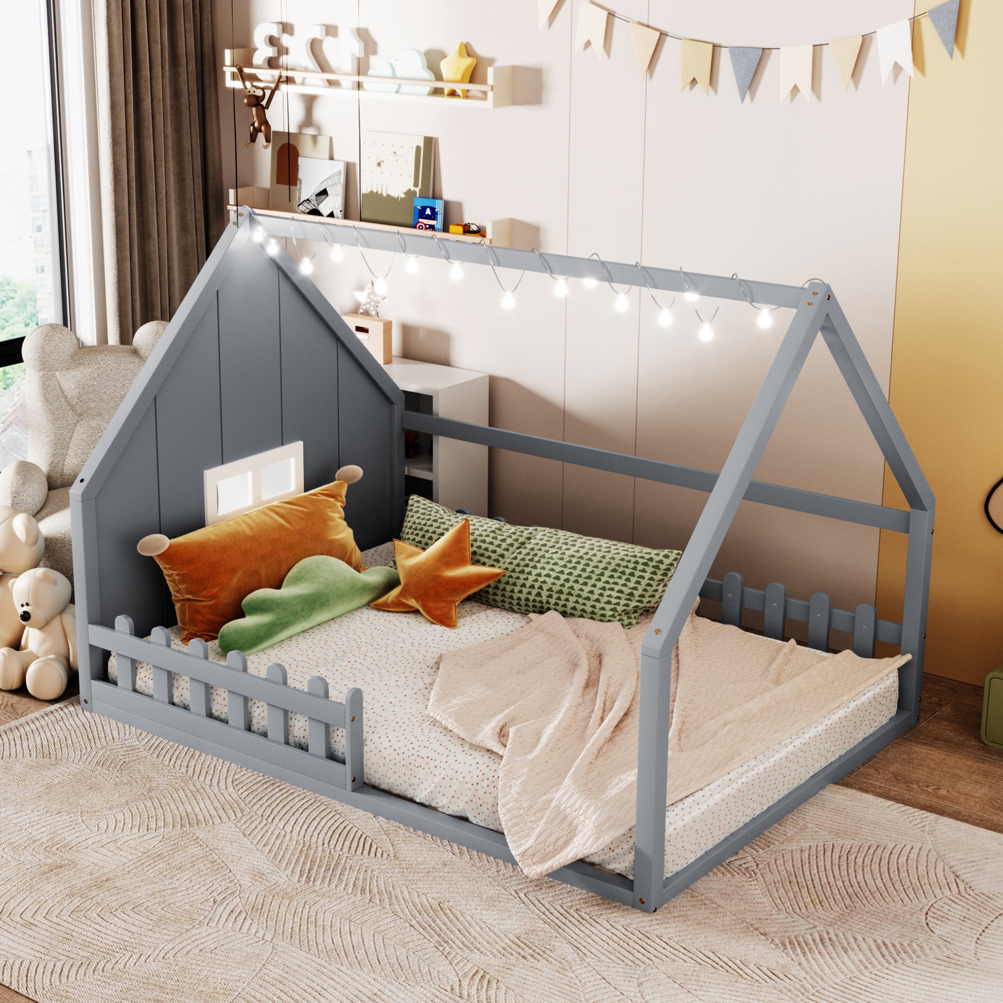 Full Size Gray Wood House Bed with Window, Fence, Kids Platform Frame