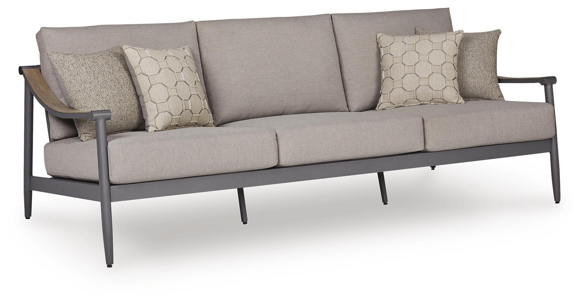 Gray outdoor sofa with dark frame, two seat cushions, and two patterned back pillows