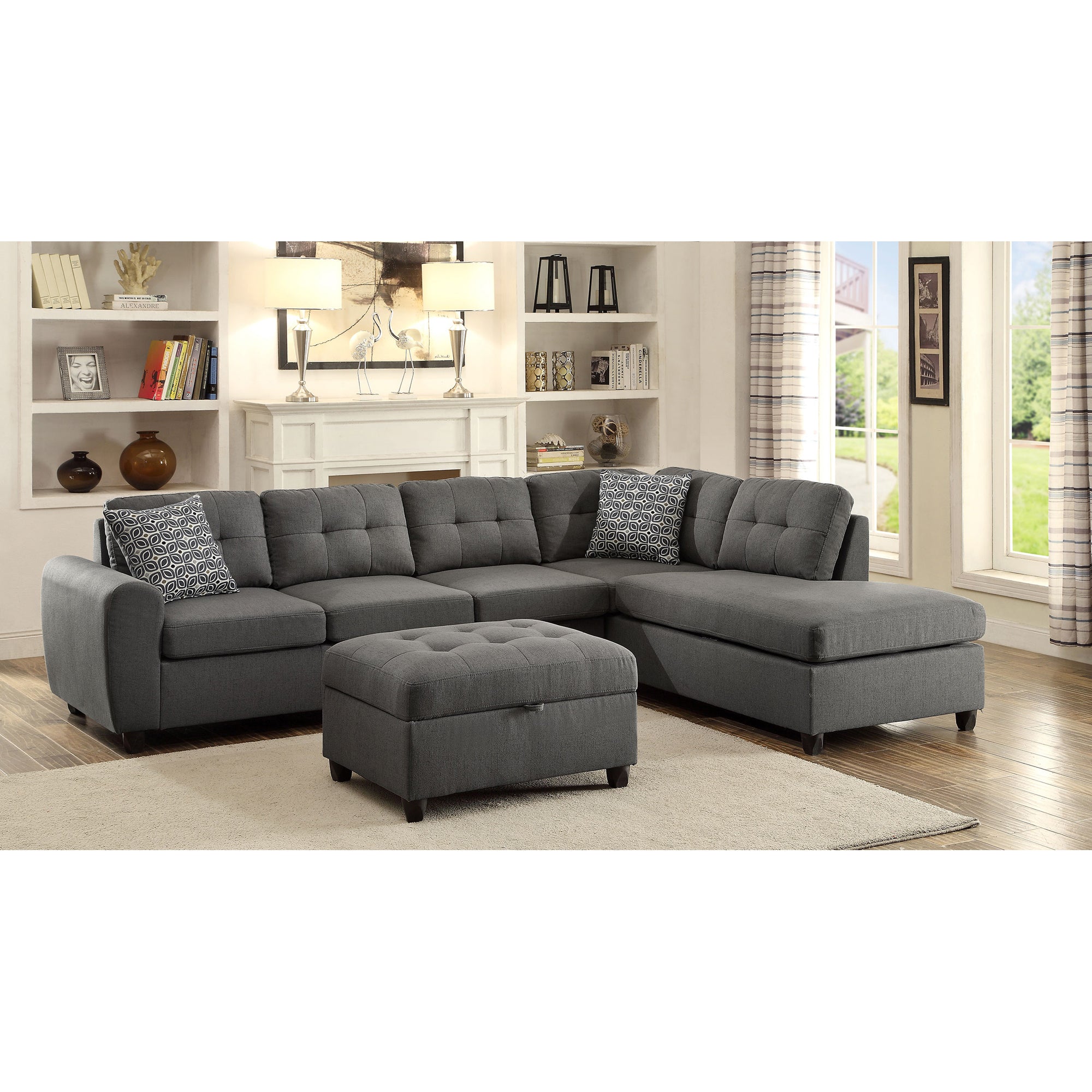 Balta Grey Button Tufted Sectional, Removable Cushions