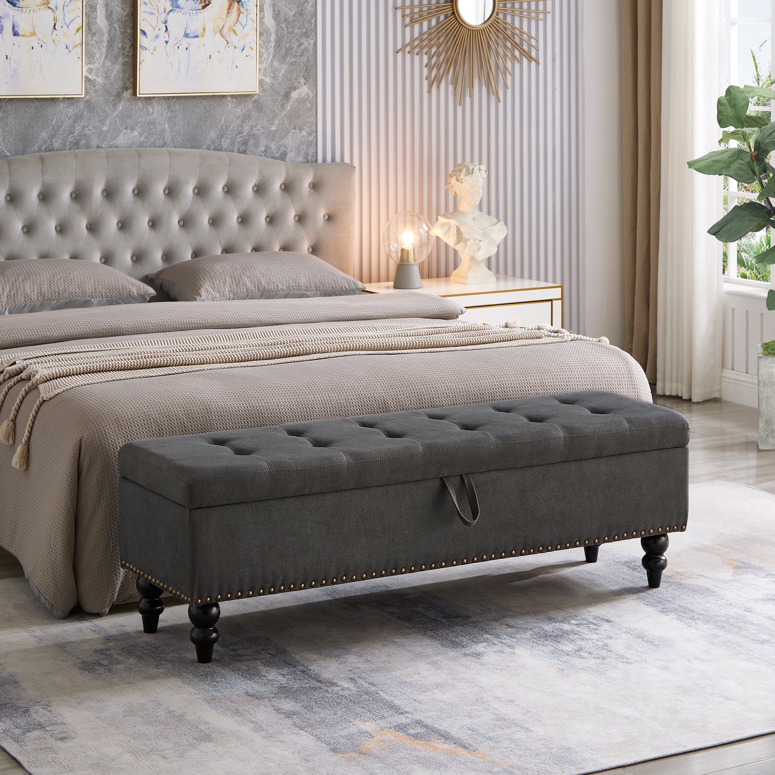 59" Grey Fabric Storage Bed Bench for Bedroom Decor