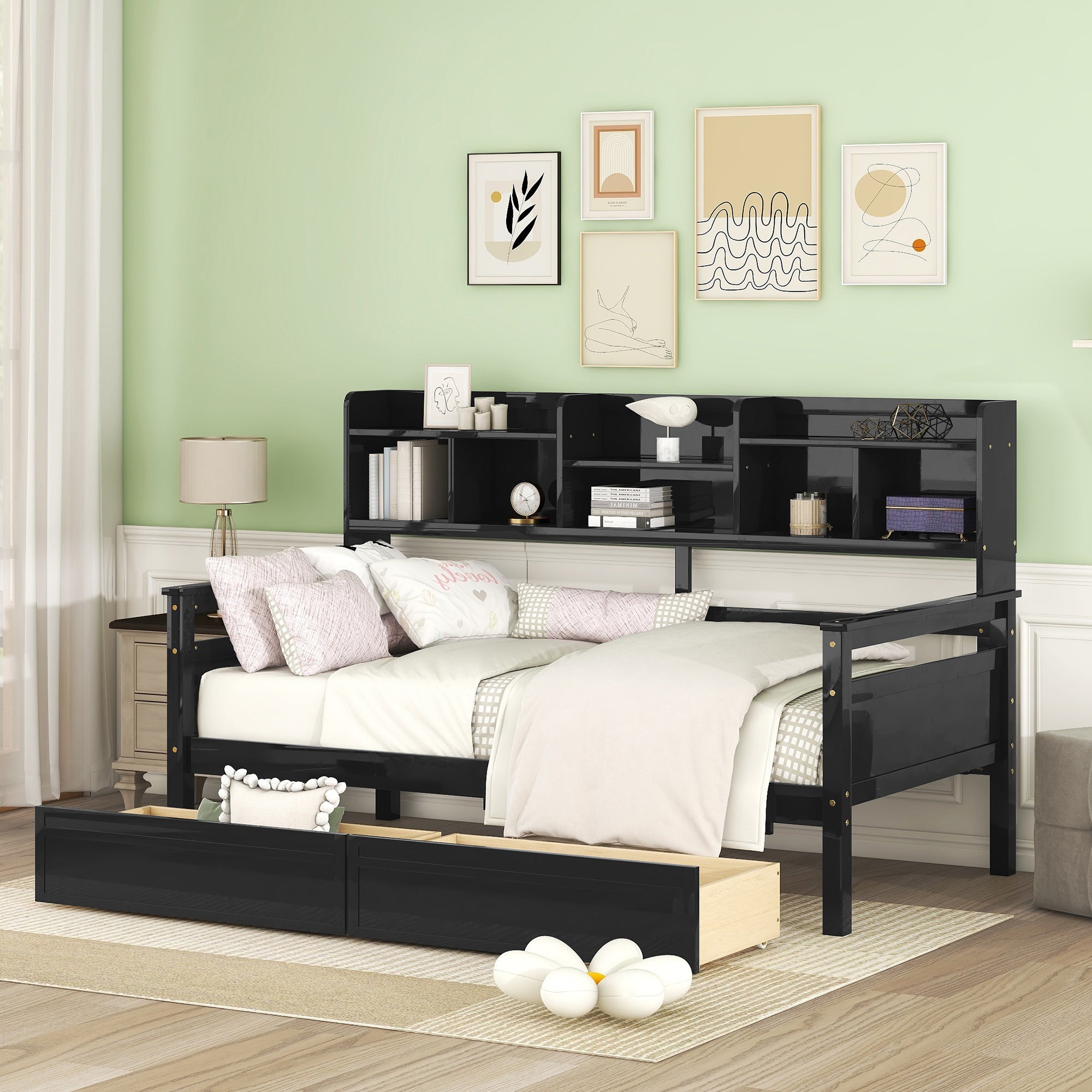 Espresso Twin Daybed: Drawers, Shelves, Wood Slat Support
