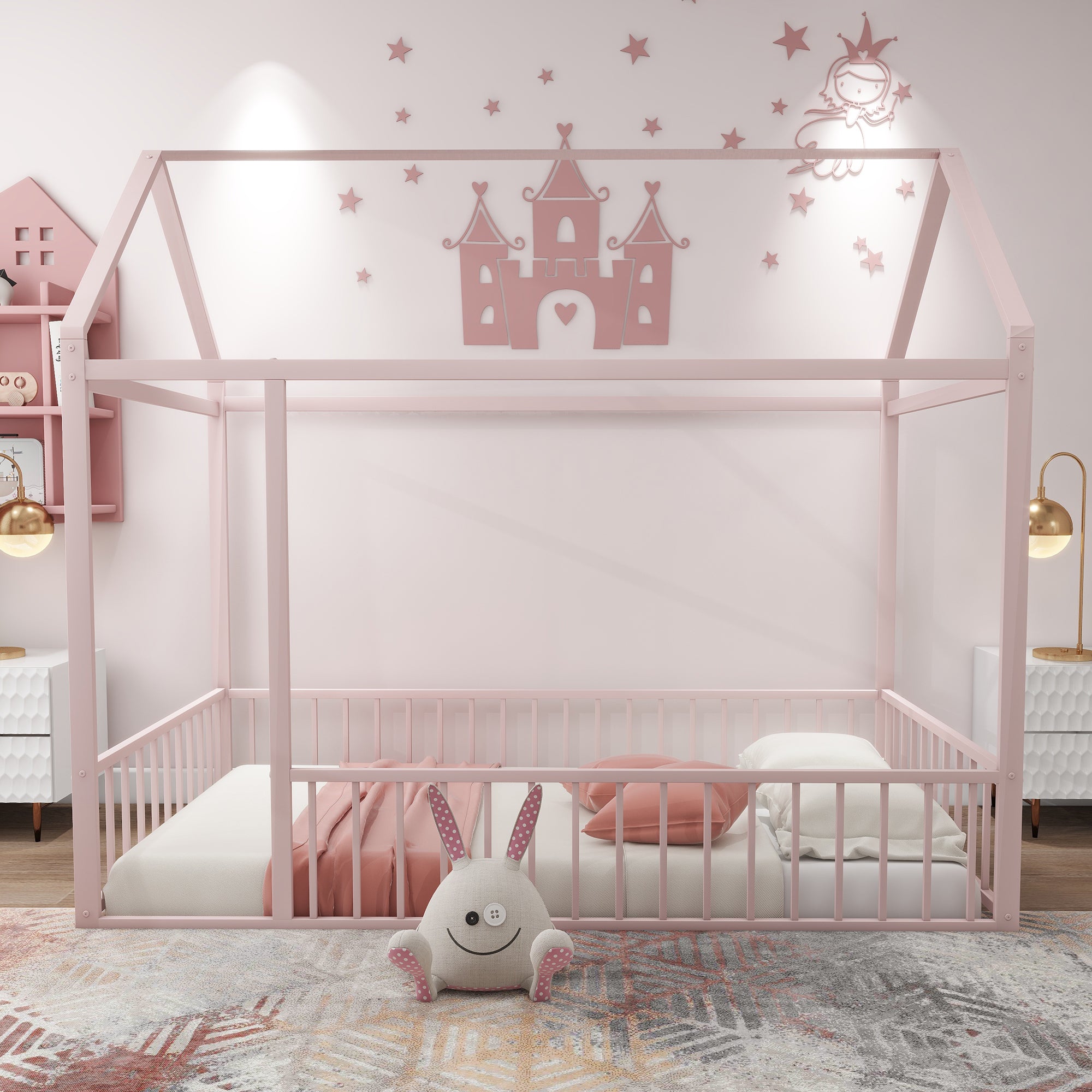 Twin Size Pink Metal House Bed Frame w/ Fence for Kids Teens